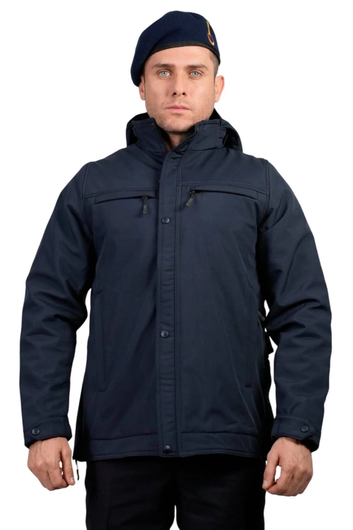 Jandarma Asayis Lacivert Renkli 5 Cepli Uzun Kollu Soguk Gecirmez Softshell Kapusonlu Taktik Mont