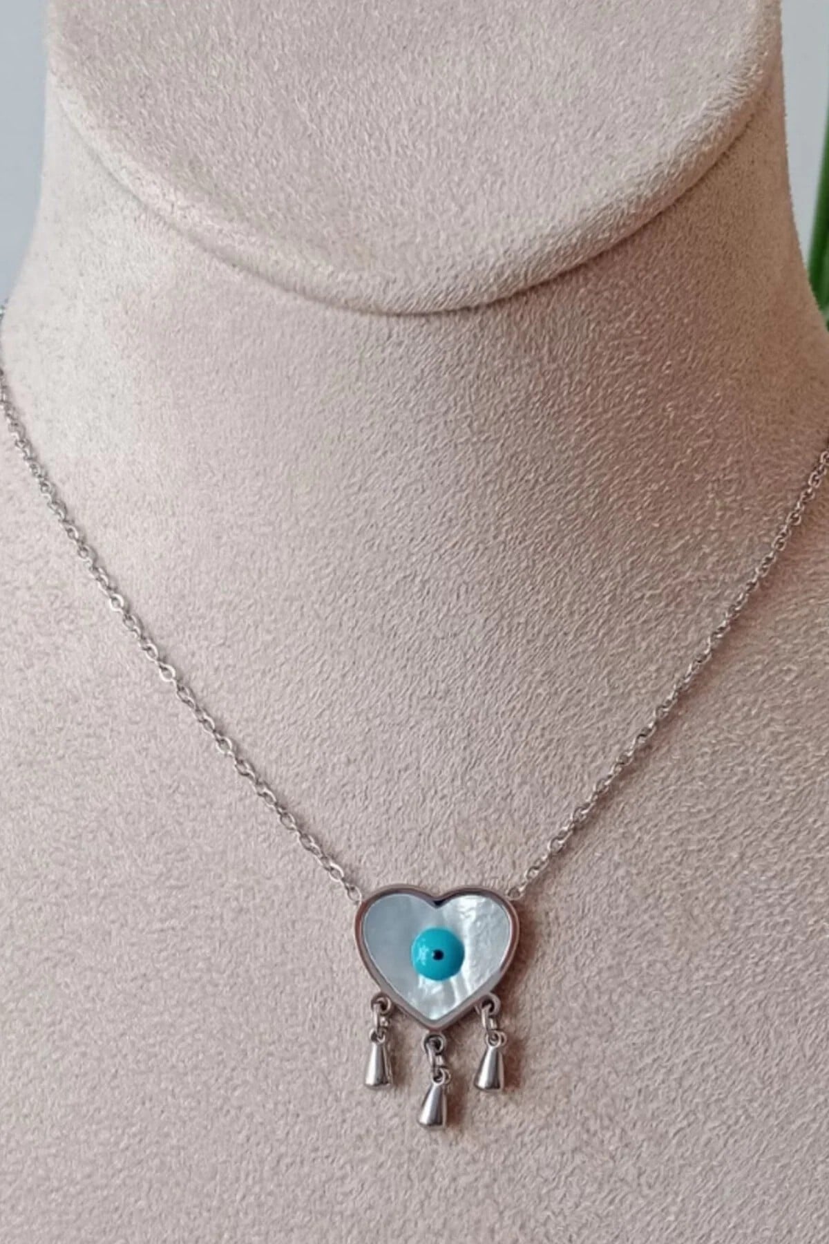 Kalpli Nazar Boncuklu Goz Tasarim İnce Silver Zincirli Gumus Renkli Kaliteli Paslanmaz Celik Kolye Stainless Stell