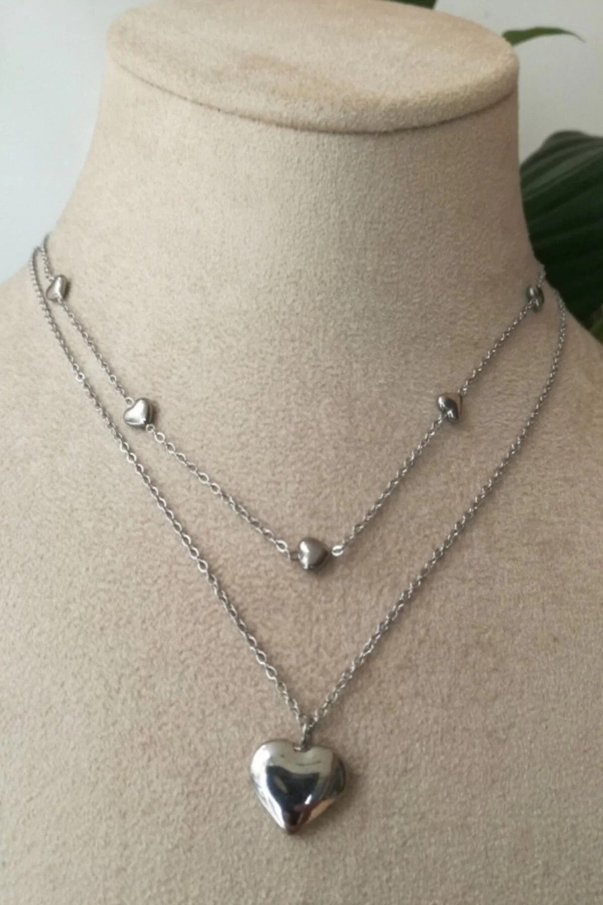 Kalpli Tasarim İnce Silver Cift Zincirli Gumus Renkli Kaliteli Paslanmaz Celik Kolye Stainless Stell