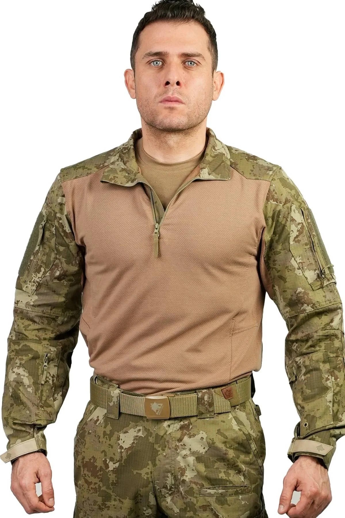 Kara Kuvvetleri Yeni Kamuflaj Renkli Uzun Kollu 4 Cepli Bato Yaka Ceyrek Fermuarli Operasyon Taktik Combat Tisort