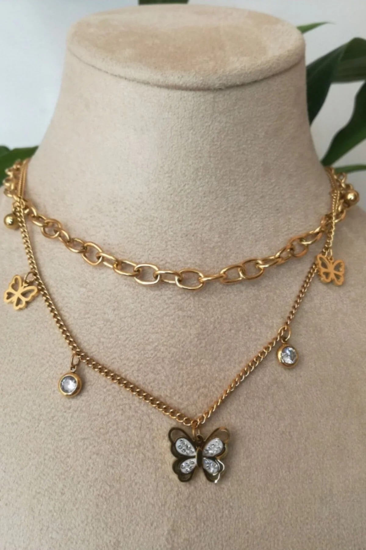 Kelebekli Tasarim İnce Gold Cift Zincirli Altin Renkli Kaliteli Paslanmaz Celik Kolye Stainless Stell