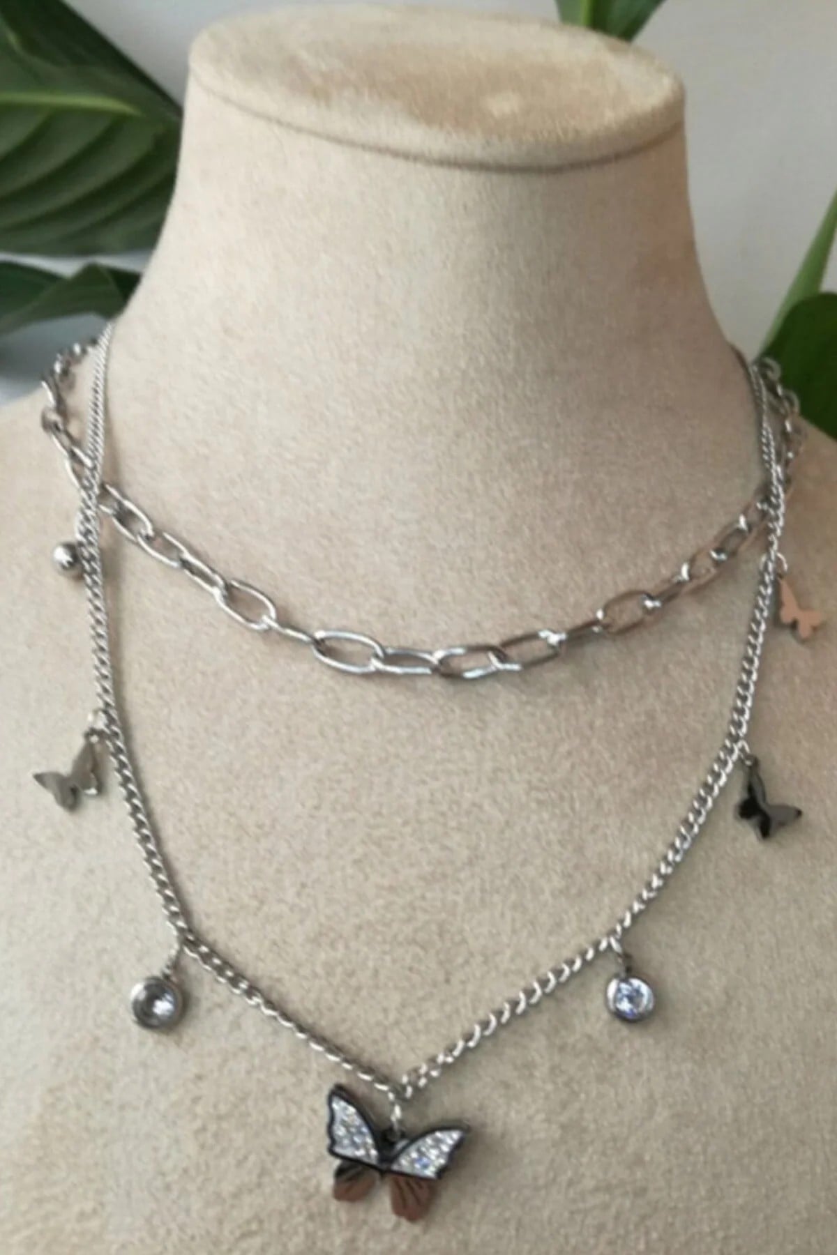 Kelebekli Tasarim İnce Silver Cift Zincirli Gumus Renkli Kaliteli Paslanmaz Celik Kolye Stainless Stell