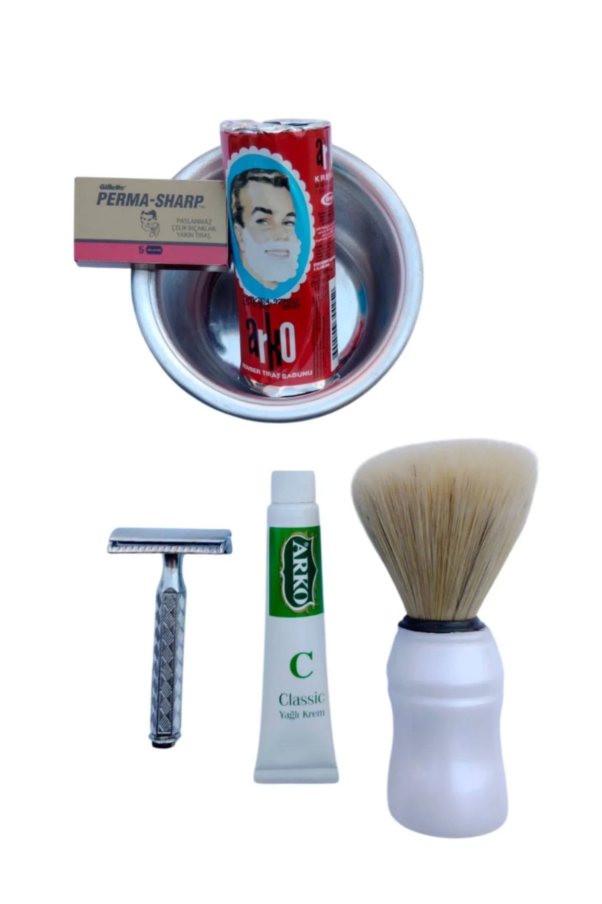 Orak Paslanmaz Krom Tras Makinasi Perma Sharp Yaprak Jilet Arko Tras Berber Sabunu Metal Tras Tasi Sakal Fircasi Arko Nem Klasik Cilt Besleyici Yagli Krem 20 Cc Tras Seti