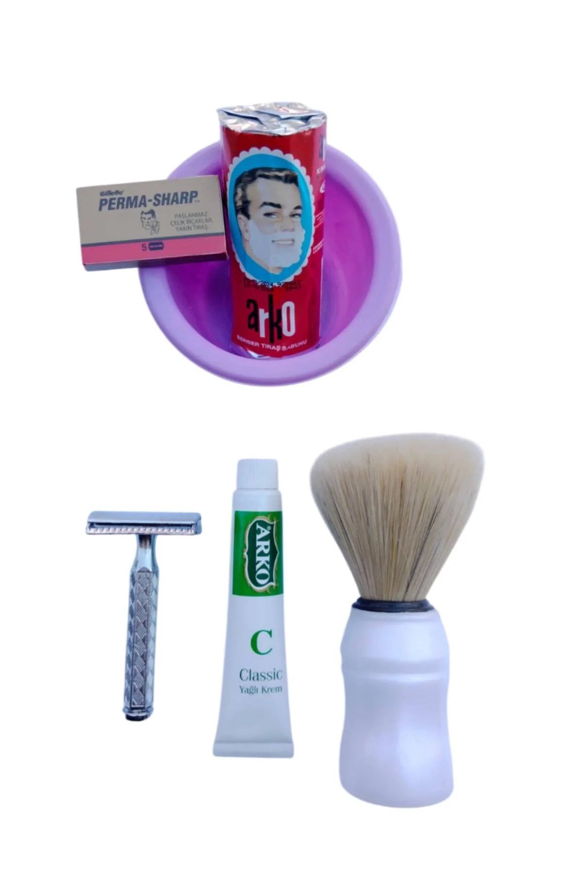 Orak Paslanmaz Krom Tras Makinasi Perma Sharp Yaprak Jilet Arko Berber Tras Sabunu Plastik Tras Tasi Sakal Fircasi Arko Nem Klasik Cilt Besleyici Yagli Krem 20 Cc Tras Seti