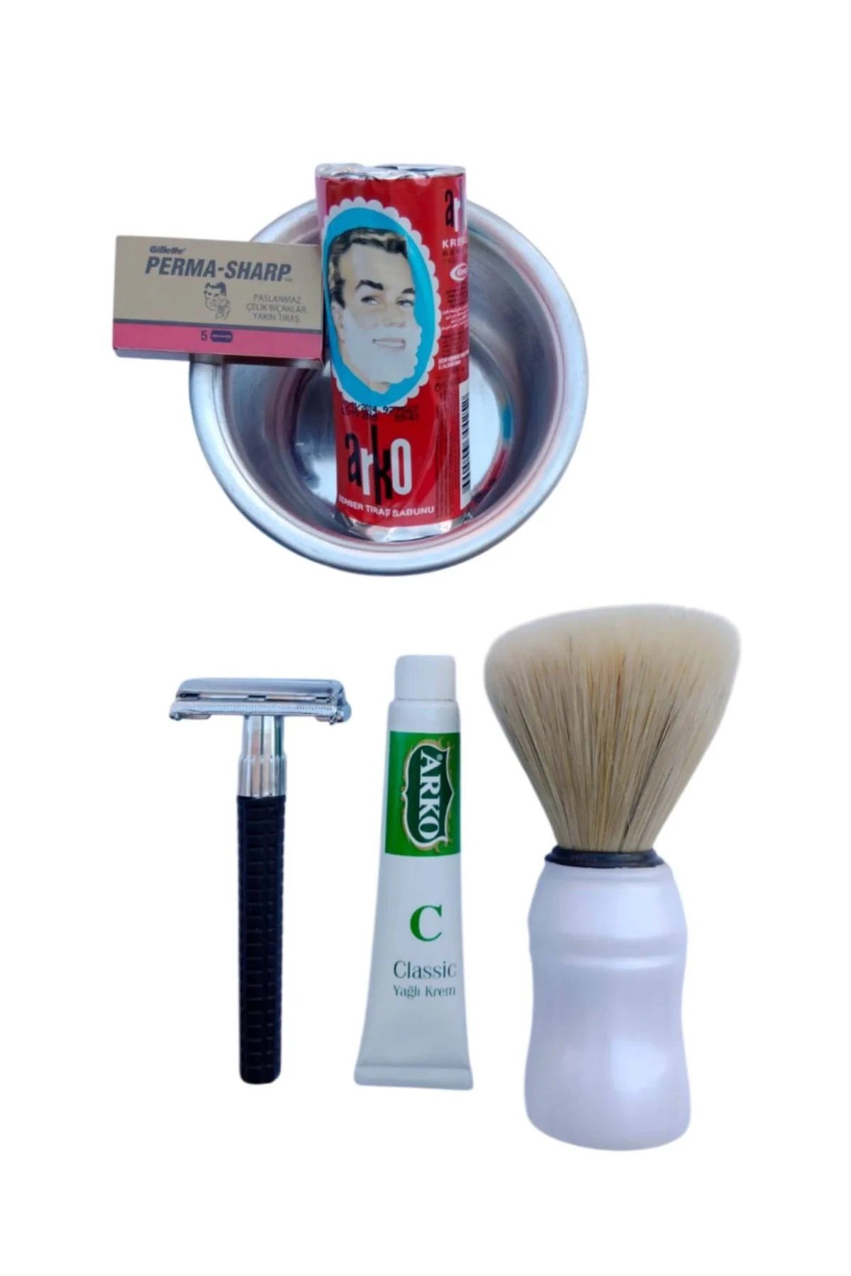 Orak Plastik Sapli Tras Makinasi Perma Sharp Yaprak Jilet Arko Berber Tras Sabunu Sakal Fircasi Metal Tras Tasi Arko Nem Klasik Cilt Besleyici Yagli Krem 20 Cc Tras Seti