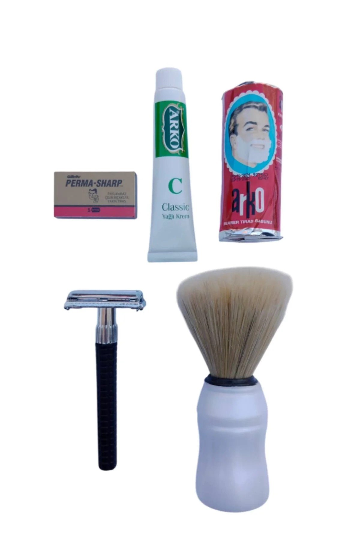 Orak Plastik Sapli Tras Makinasi Perma Sharp Yaprak Jilet Arko Berber Tras Sabunu Sakal Fircasi Arko Nem Klasik Cilt Besleyici Yagli Krem 20 Cc Tras Seti