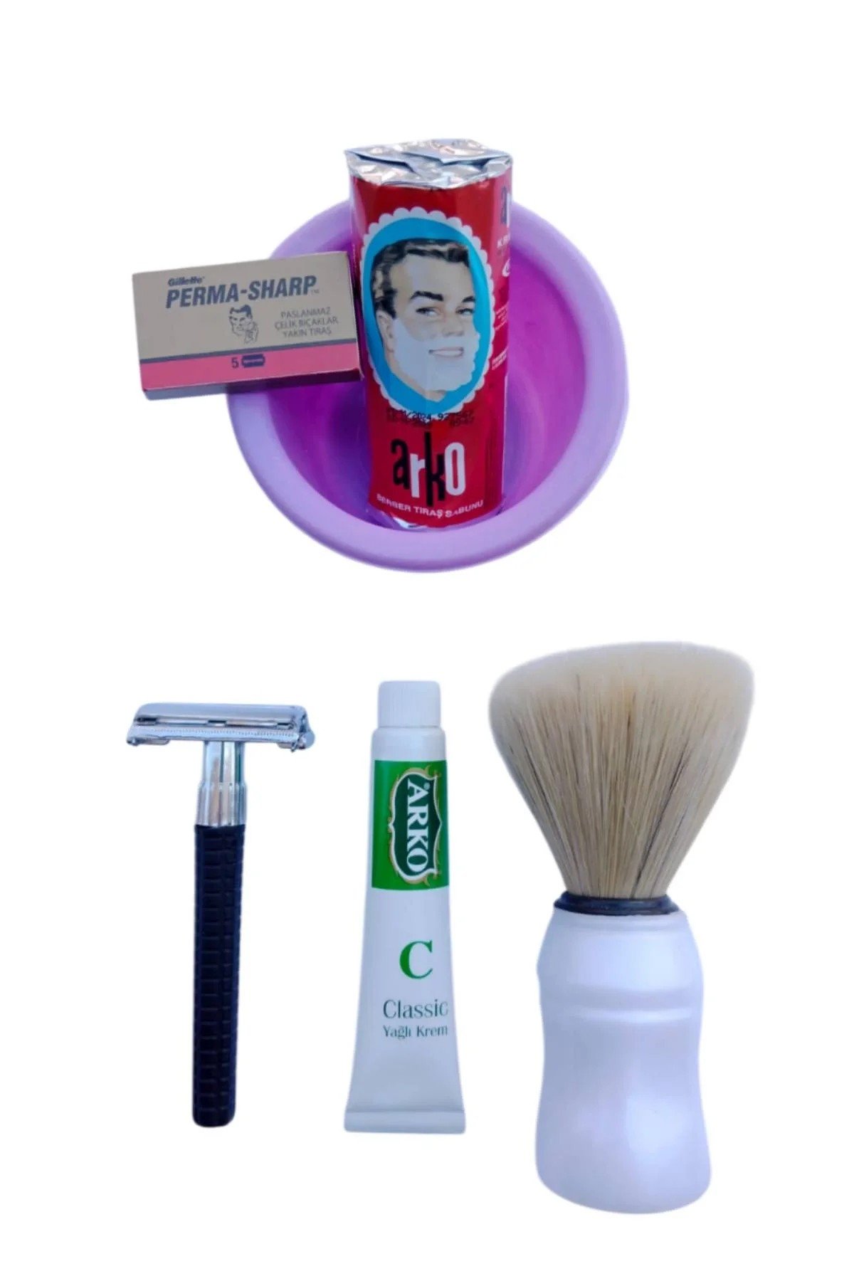 Orak Plastik Sapli Tras Makinasi Perma Sharp Yaprak Jilet Arko Berber Tras Sabunu Sakal Fircasi Plastik Tras Tasi Arko Nem Klasik Cilt Besleyici Yagli Krem 20 Cc Tras Seti