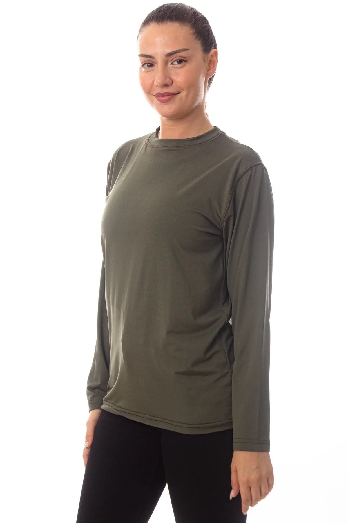Uzun Kollu Sedef Yesili Renkli Yuvarlak Yakali Microfiber Nano Thermal İclik Tisort