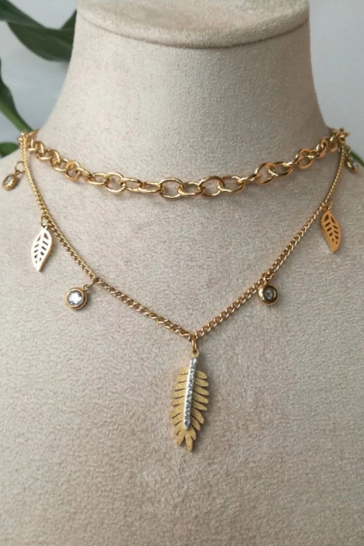 Yaprakli Tasarim İnce Gold Cift Zincirli Altin Renkli Zirkon Tasli Kaliteli Paslanmaz Celik Kolye Stainless Stell