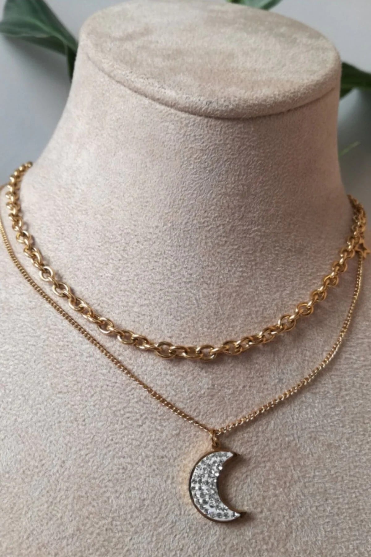 Yarim Ay Tasarim İnce Gold Cift Zincirli Altin Renkli Zirkon Tasli Kaliteli Paslanmaz Celik Kolye Stainless Stell