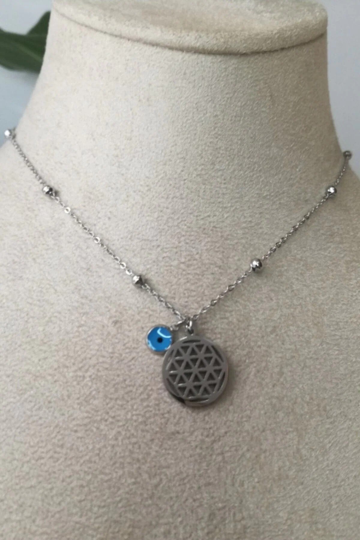 Yasam Cicegi Nazar Boncuklu Goz Tasarim İnce Silver Zincirli Gumus Renkli Kaliteli Paslanmaz Celik Kolye Stainless Stell