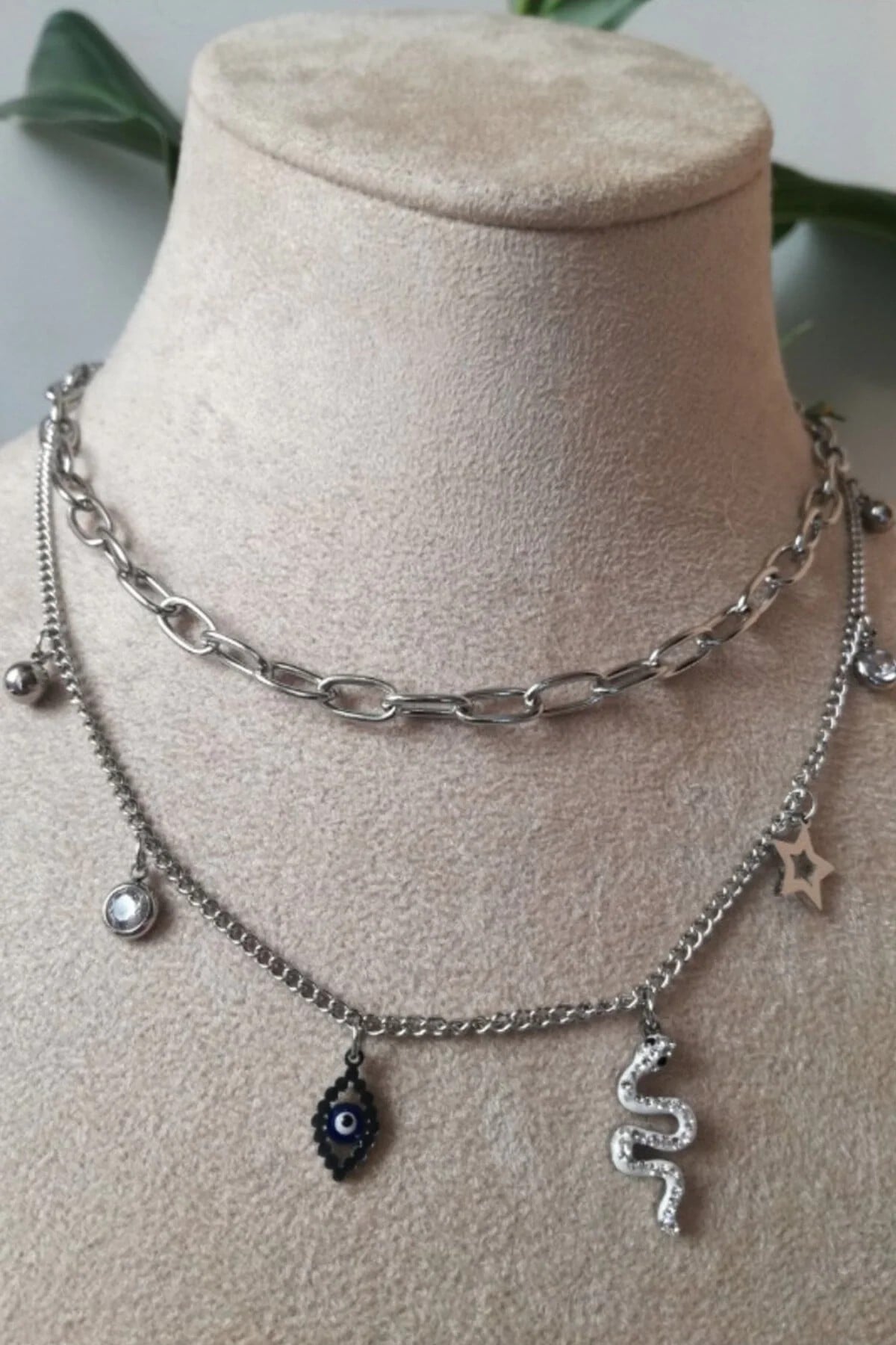 Yilanli Nazar Boncuklu Tasarim Ciftli Orme Silver Zincirli Gumus Renkli Zirkon Tasli Kaliteli Paslanmaz Celik Kolye Stainless Stell