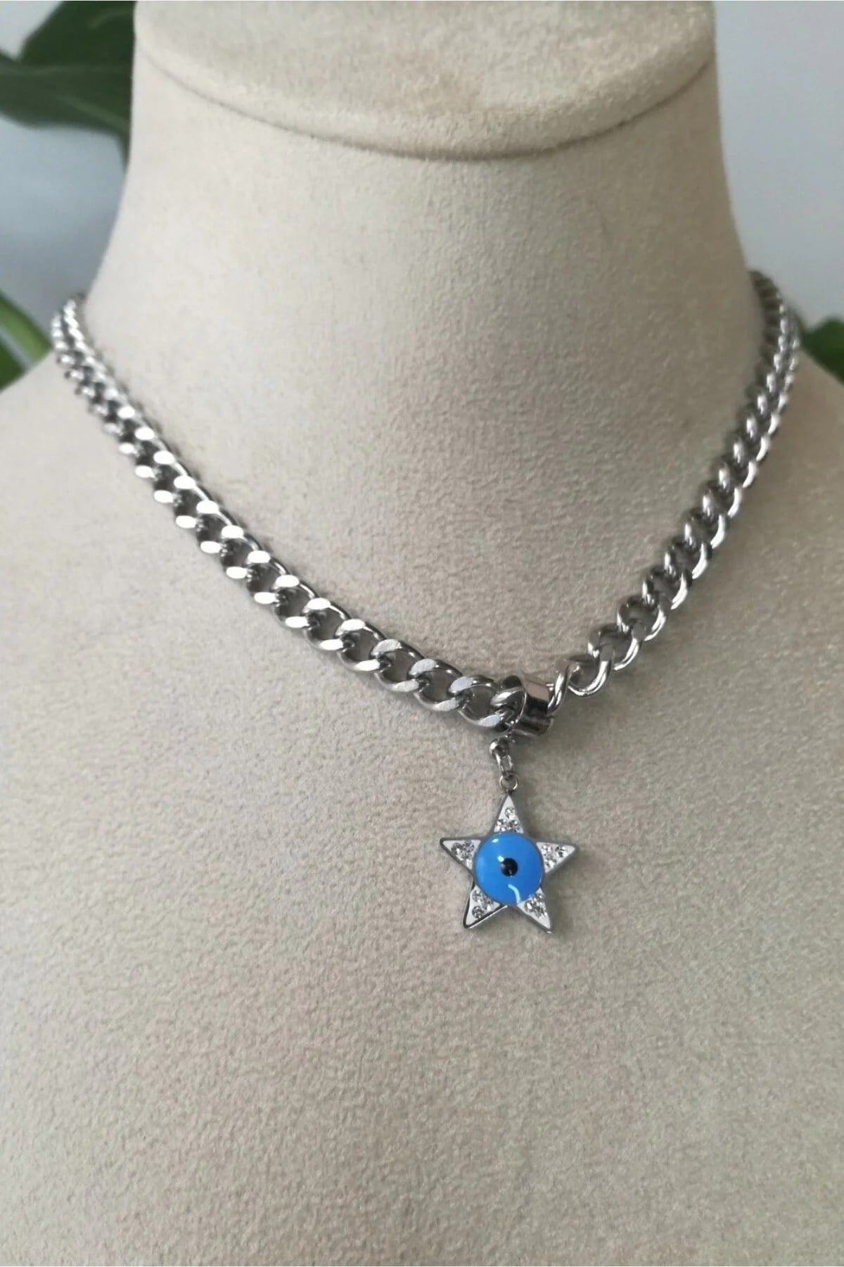 Yildiz Nazar Boncuklu Tasarim Kalin Silver Orme Zincirli Gumus Renkli Zirkon Tasli Kaliteli Paslanmaz Celik Kolye Stainless Stell