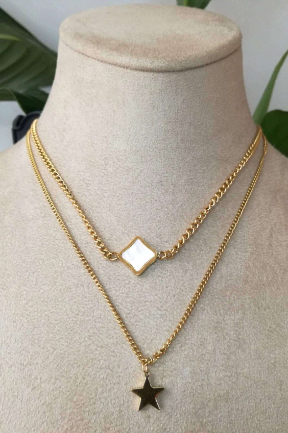 Yildiz Tasarim İnce Gold Cift Zincirli Altin Renkli Selenit Tasli Kaliteli Paslanmaz Celik Kolye Stainless Stell
