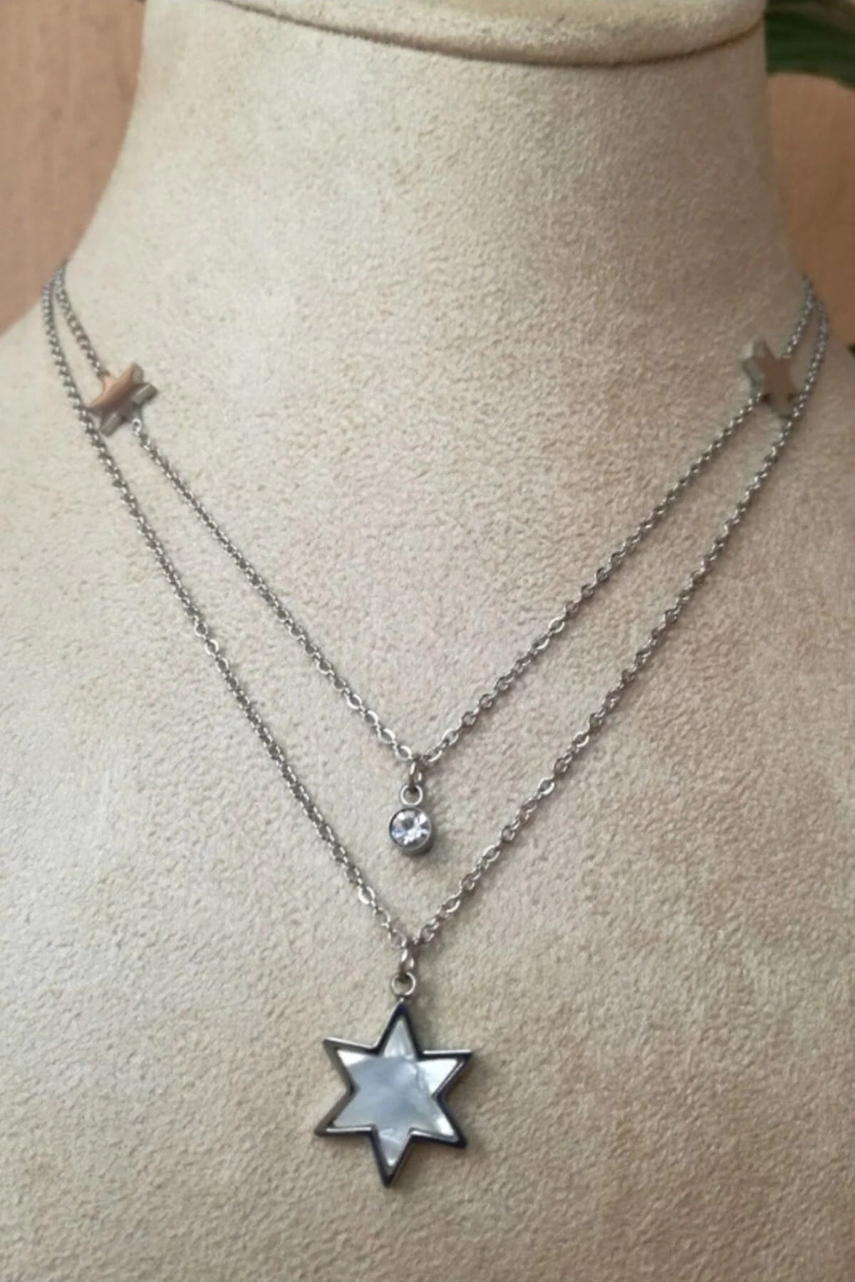 Yildiz Tasarim İnce Silver Cift Zincirli Zirkon Selenit Tasli Gumus Renkli Kaliteli Paslanmaz Celik Kolye Stainless Stell