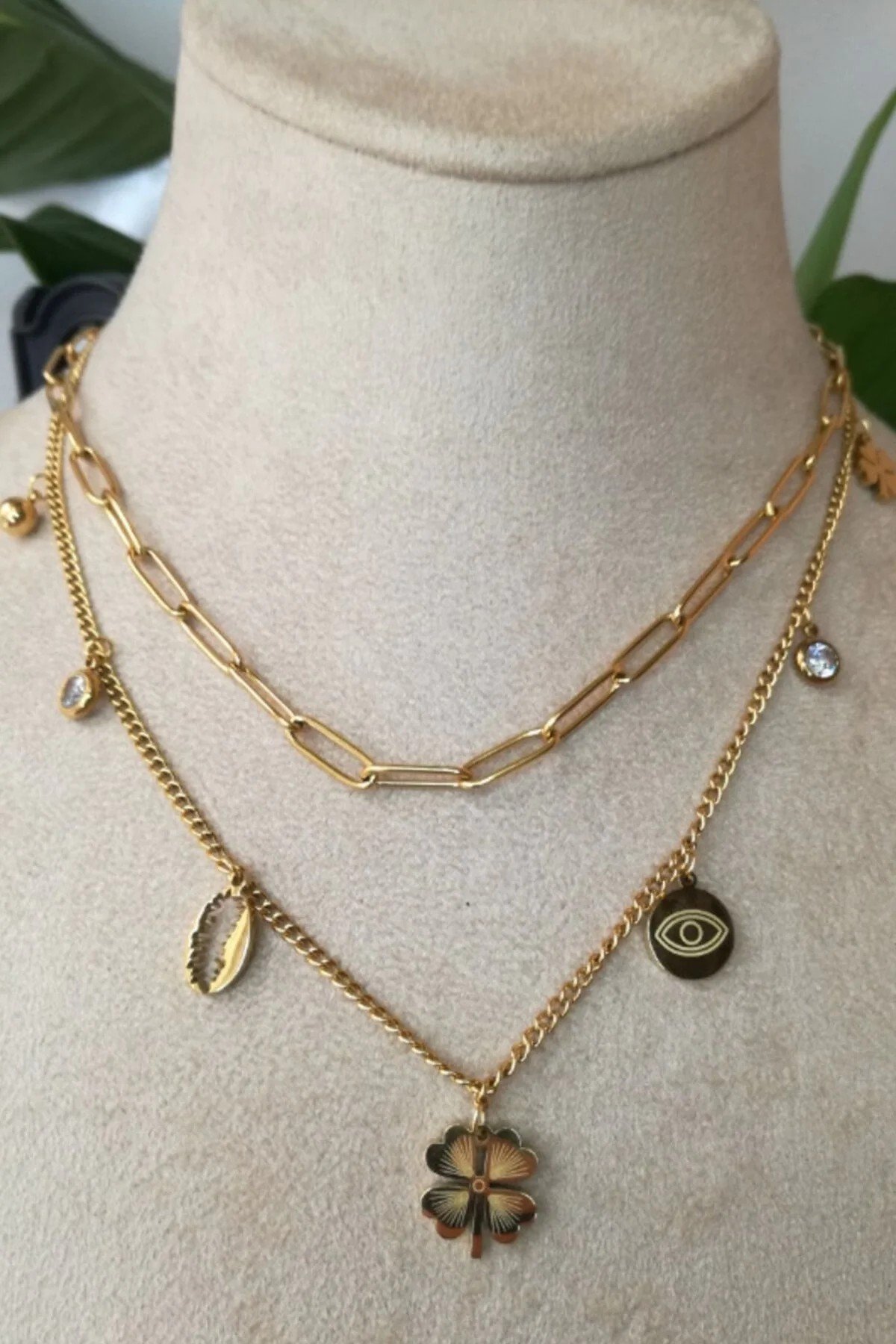 Yonca Tasarim İnce Gold Cift Zincirli Tasli Altin Renkli Kaliteli Paslanmaz Celik Kolye Stainless Stell