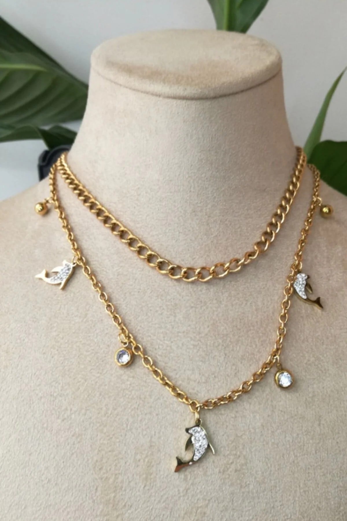 Yunuslar Tasarim İnce Gold Cift Zincirli Tasli Altin Renkli Kaliteli Paslanmaz Celik Kolye Stainless Stell