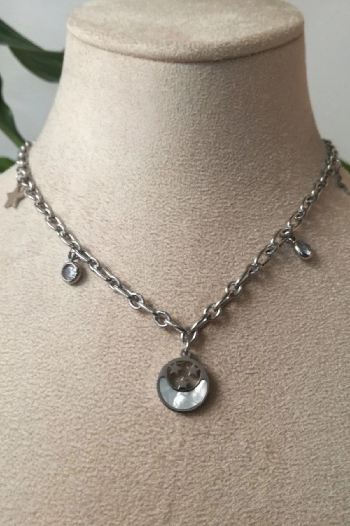 Yuvarlak Ay Yildiz Tasarim Kalin Silver Zincirli Gumus Renkli Ay Tasli Kaliteli Paslanmaz Celik Kolye Stainless Stell