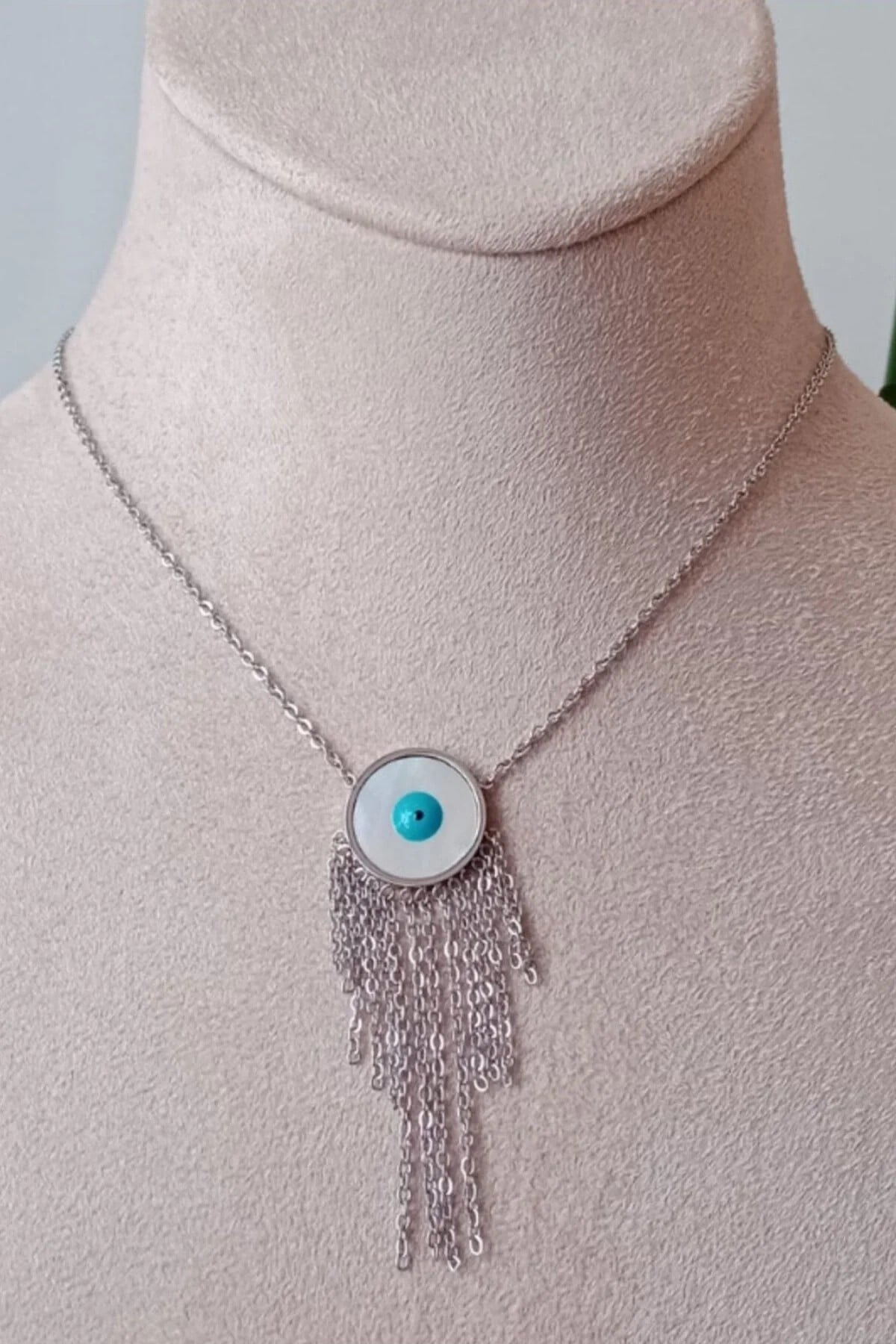 Yuvarlak Nazar Boncuklu Goz Tasarim İnce Silver Zincirli Gumus Renkli Kaliteli Paslanmaz Celik Kolye Stainless Stell