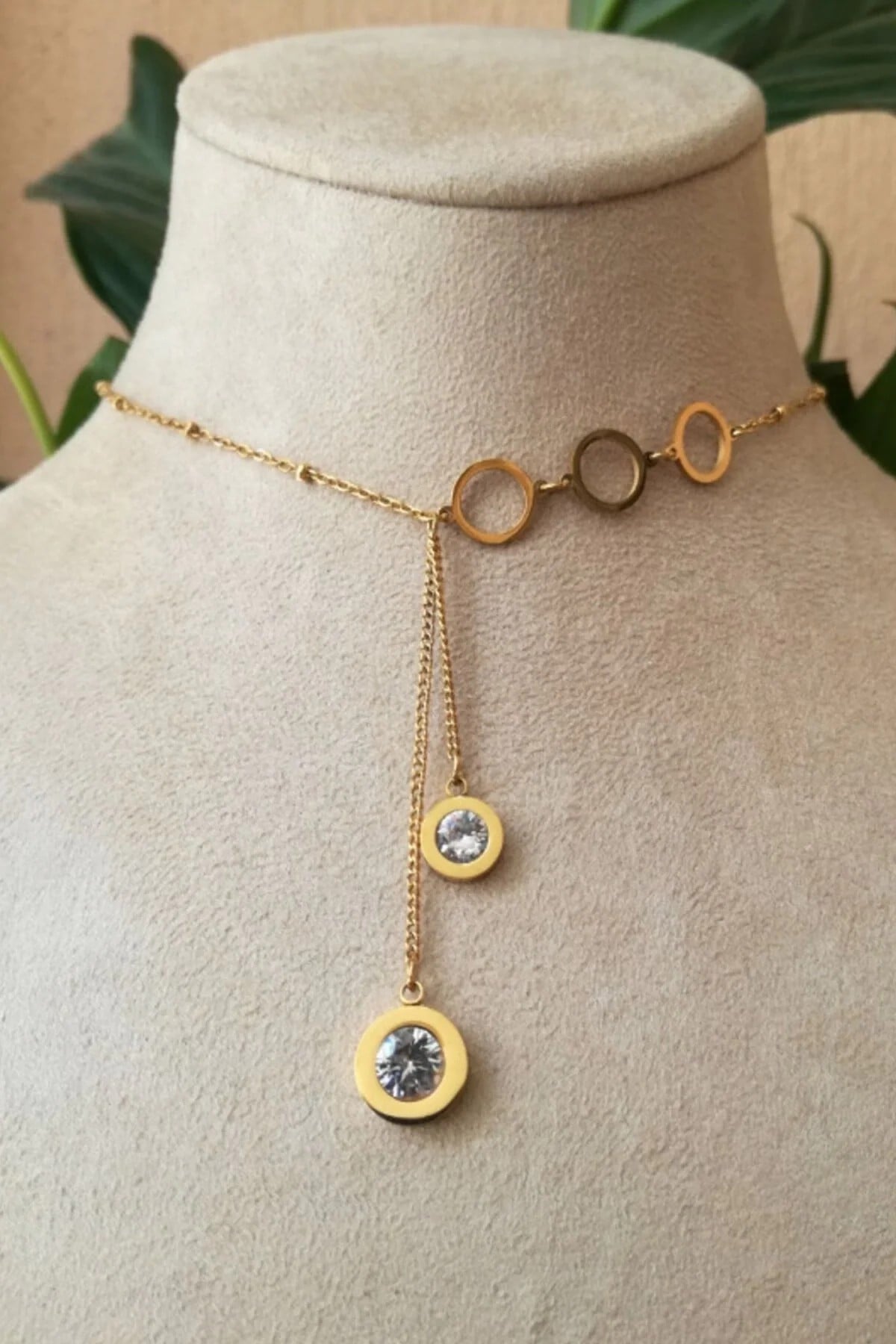 Yuvarlak Tasarim İnce Gold Zincirli Altin Renkli Zirkon Tasli Cift Sallantili Kaliteli Paslanmaz Celik Kolye Stainless Stell
