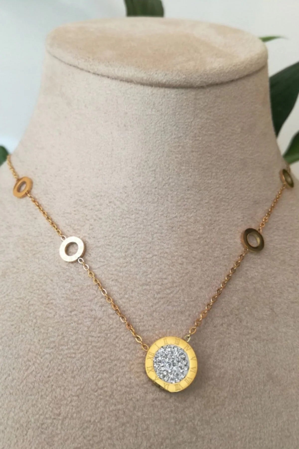Yuvarlak Tasarim İnce Gold Zincirli Cift Tarafli Zirkon Tasli Altin Renkli Kaliteli Paslanmaz Celik Kolye Stainless Stell