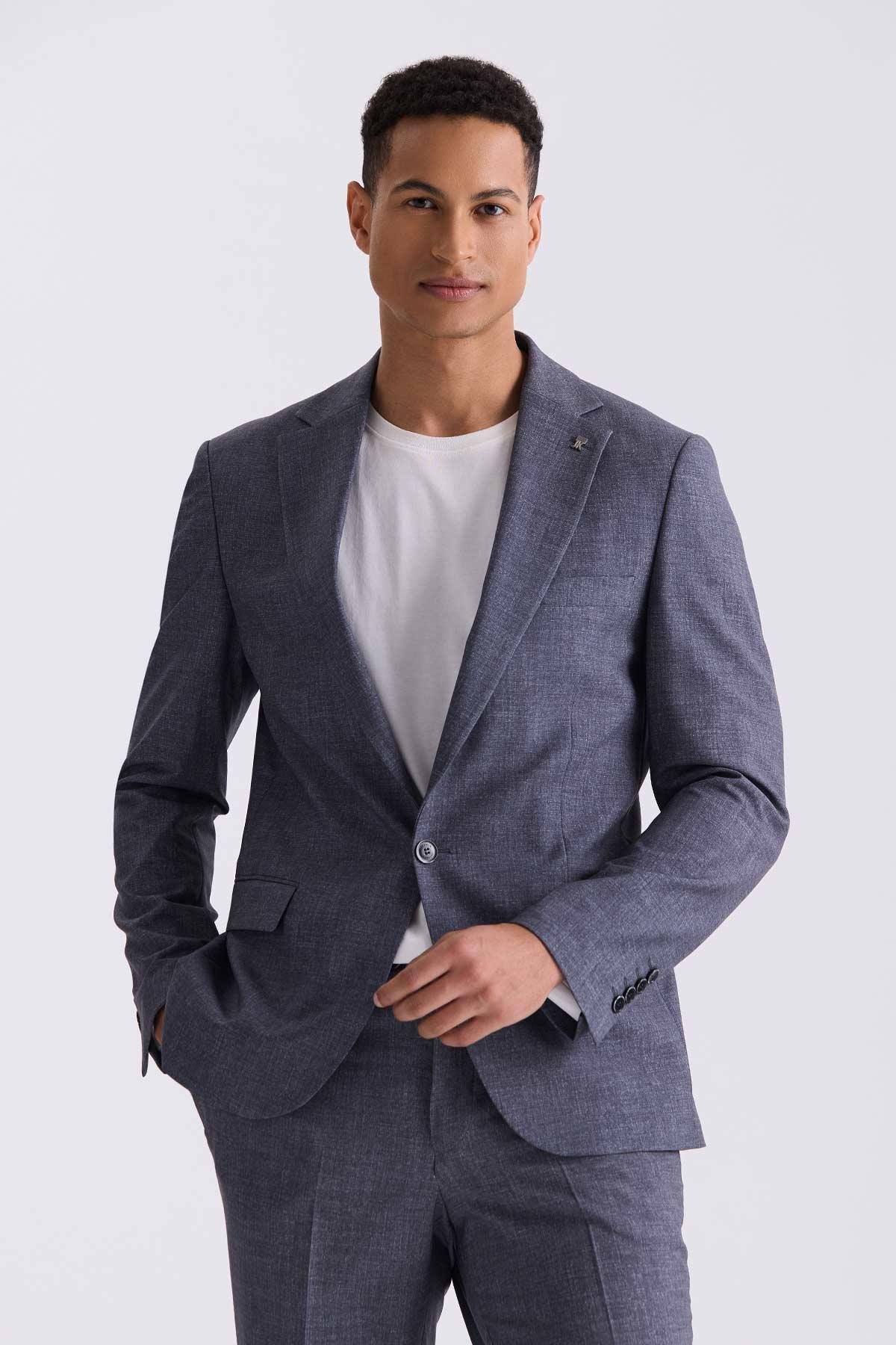Gri Slim Fit Mono Yaka Keten Takım ElbiseSlim Fit Takım ElbiseJakamen