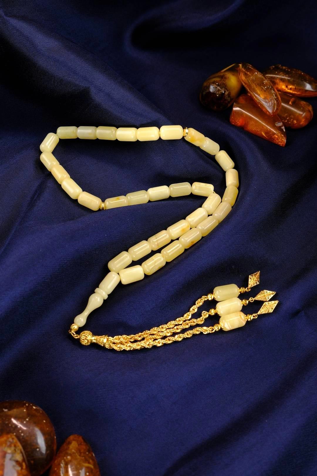 Altın Püskül Orjinal Damla Kehribar Tesbih (Amber), (مسبحة قطرة كهريبار)