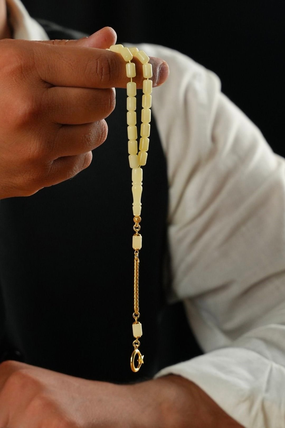 Bilek Boy Damla Kehribar Gümüş  Gold Ayyıldız Tasarım Kapsül Model Tesbih (Amber), (مسبحة قطرة كهريبار)
