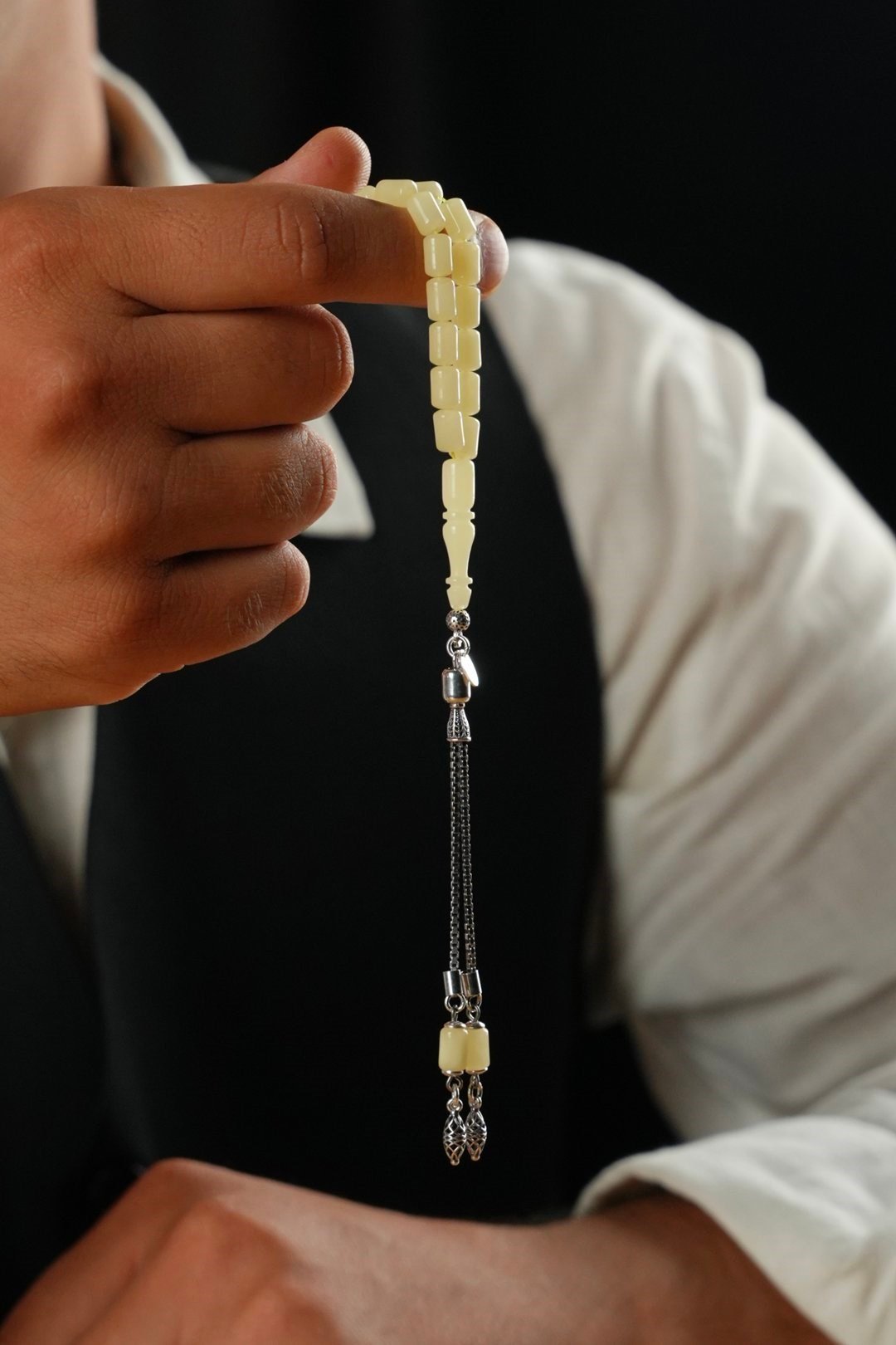 Bilek Boy Damla Kehribar Gümüş Tasarım Kapsül Model Tesbih (Amber), (مسبحة قطرة كهريبار)
