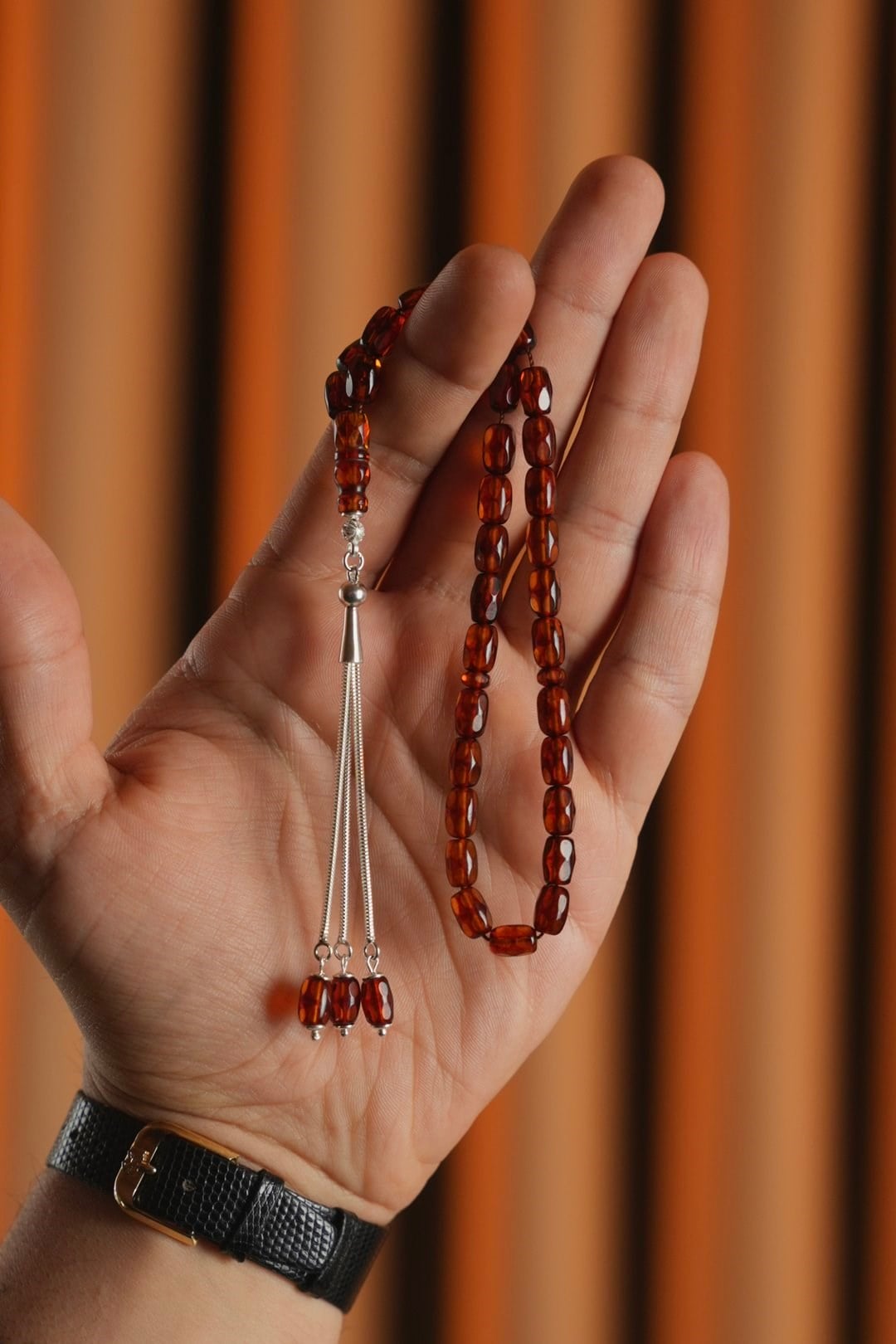 Bilek Boy Rus Damla Kehribarı Gümüş Tasarım Tesbih (Amber), (مسبحة قطرة كهريبار)