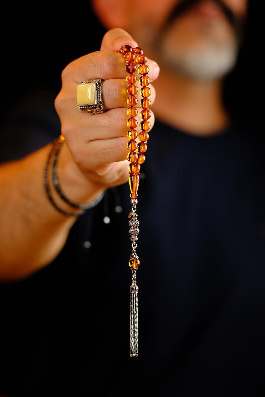 Bilek Boy Litvanya Damla Kehribar Gümüş Tasarım Tesbih (Amber), (مسبحة قطرة كهريبار)