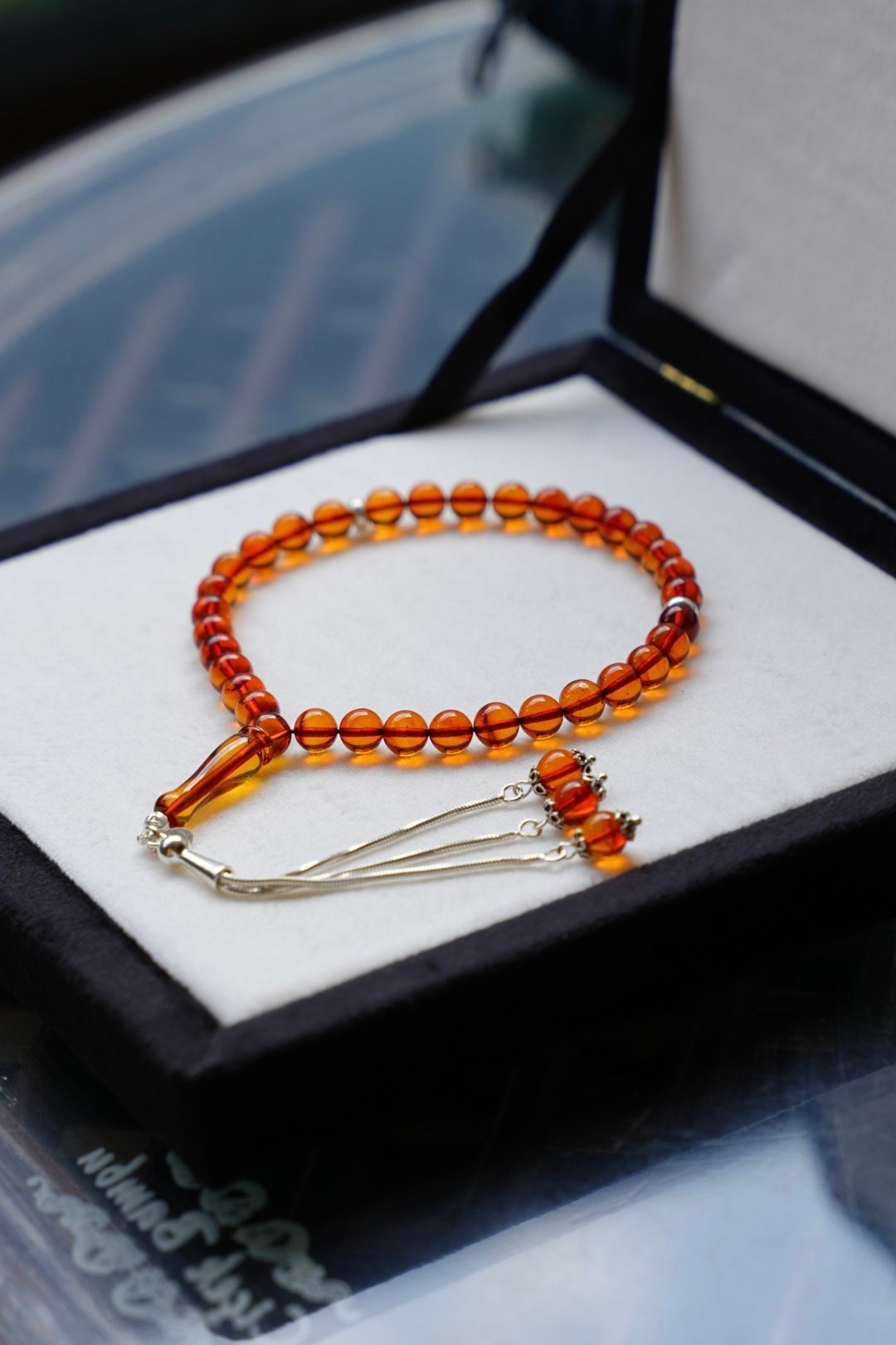 Bilek Boy Orjinal Damla Kehribar Gümüş Tasarım Tesbih (Amber), (مسبحة قطرة كهريبار)