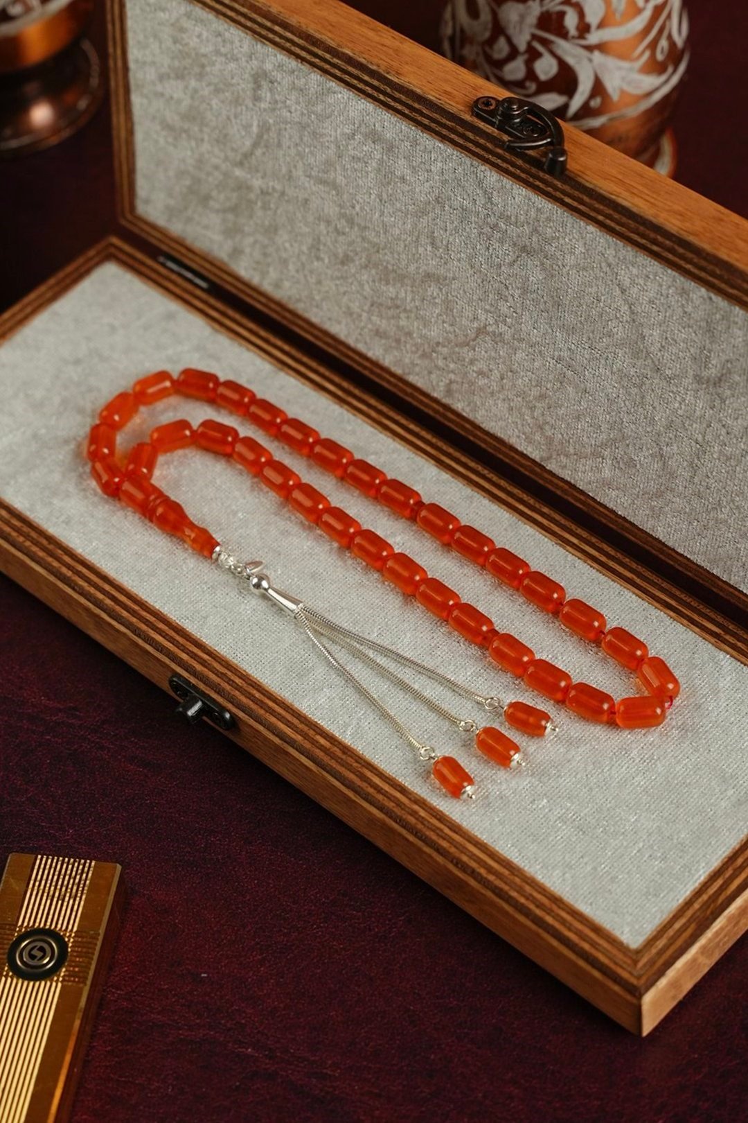 Gümüş Tasarım Kapsül Model Kırmızı Ateş-i Sıkma Kehribar Tesbih