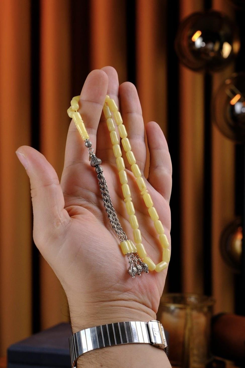 Kapsül Model 3'lü Gümüş Püskül Tasarım Damla Kehribar Tesbih (Amber), (مسبحة قطرة كهريبار)
