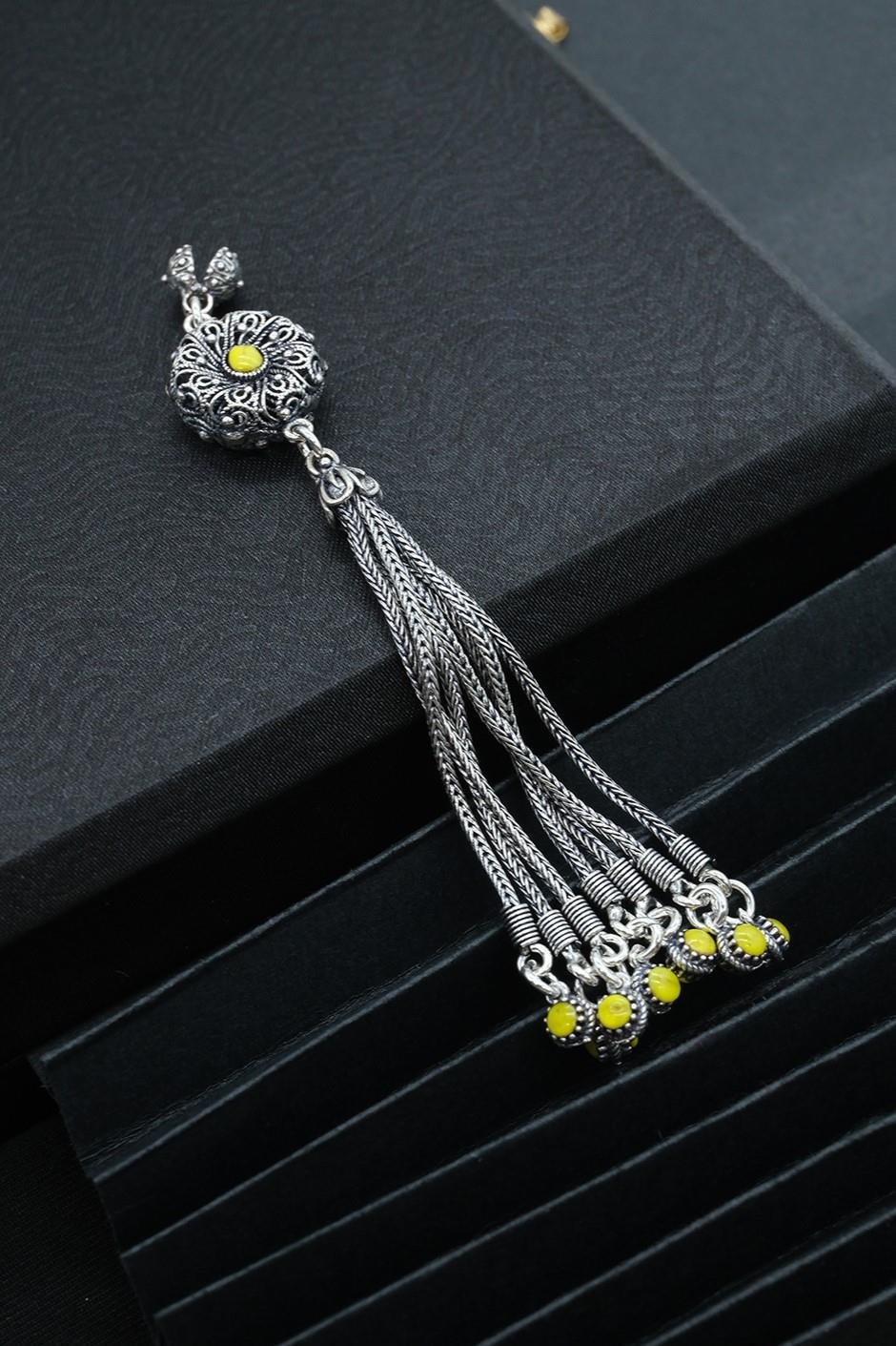 Osmanlı Motif Sarı Mineli Gümüş Püskül