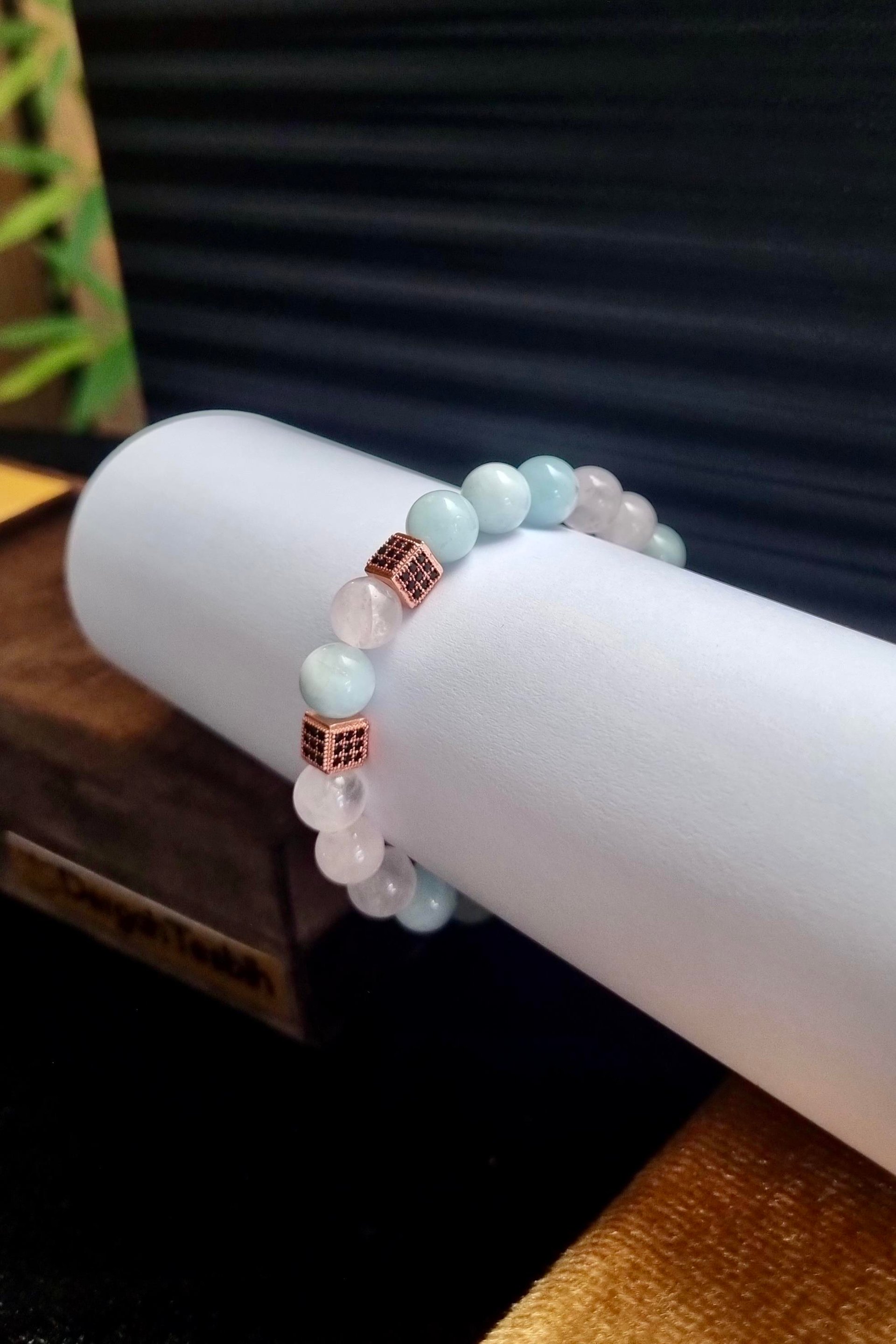 Pembe Quvars Aquamarin Taşı Diamond Tasarım Doğaltaş Bileklik 