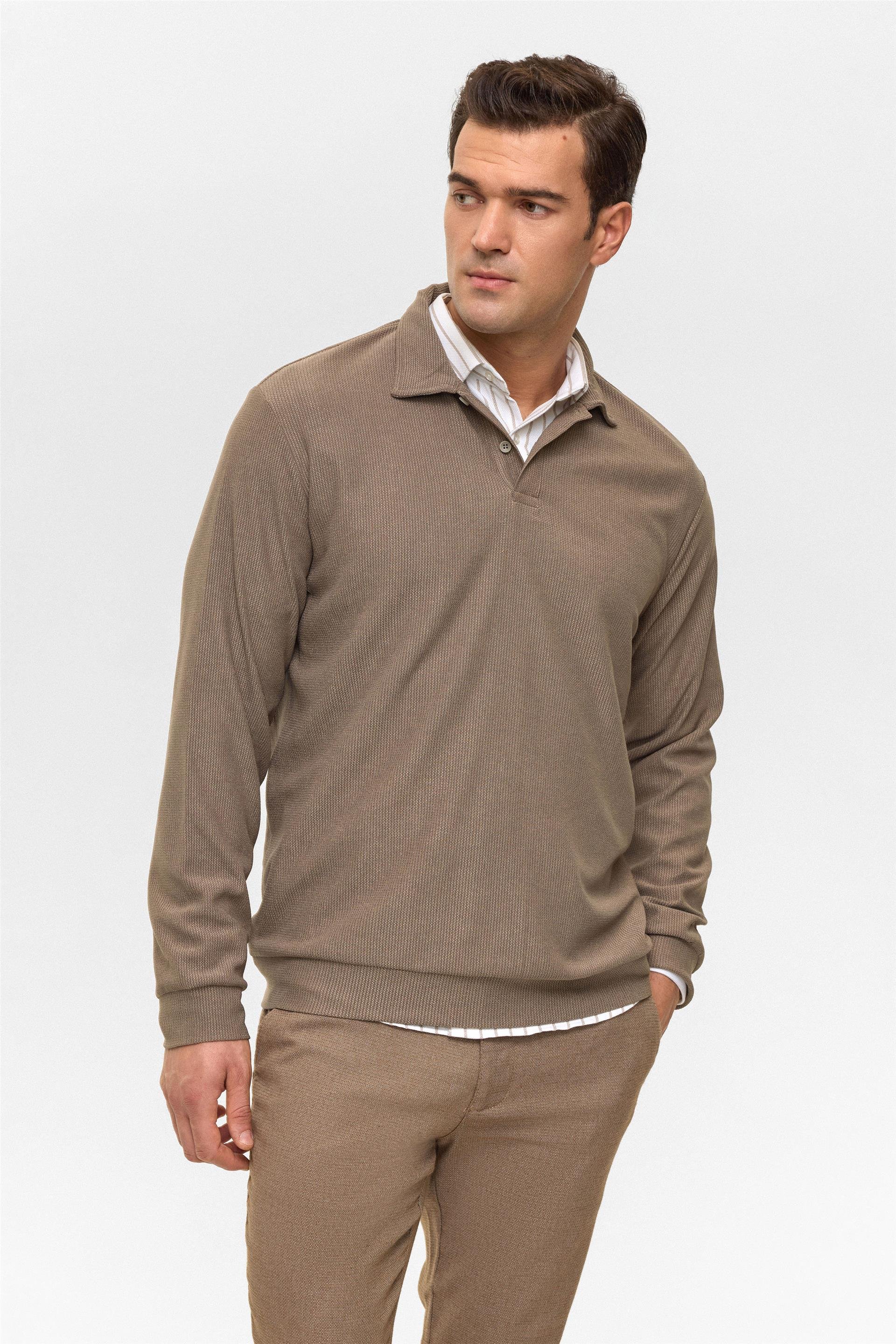 Açık Kahve Regular Düz Polo Yaka Sweatshirt