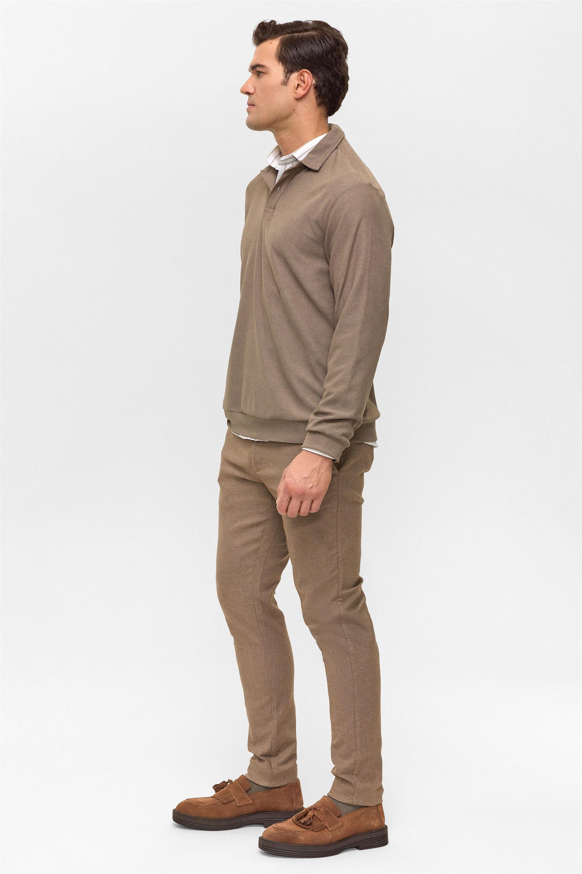 Açık Kahve Regular Düz Polo Yaka Sweatshirt