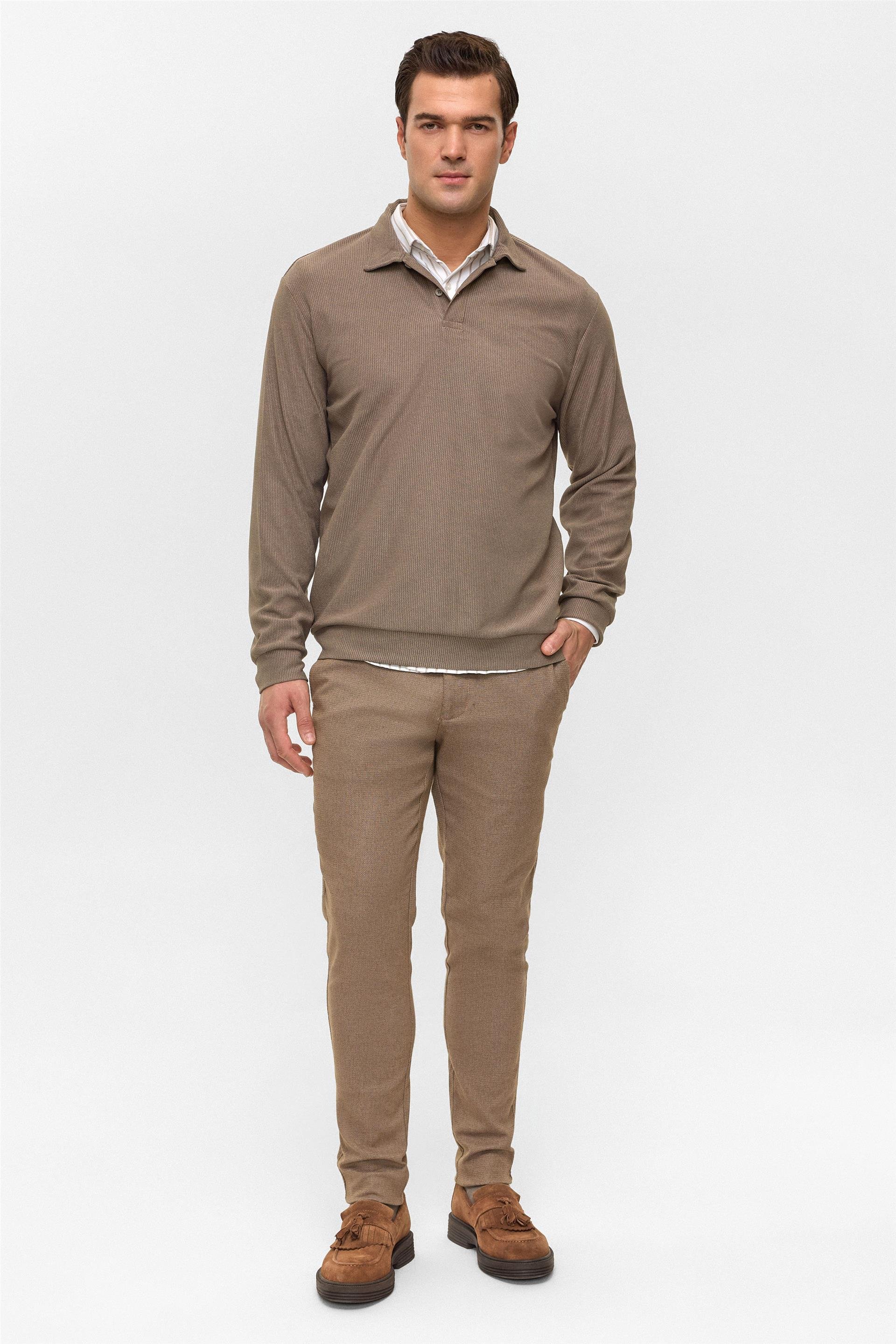 Açık Kahve Regular Düz Polo Yaka Sweatshirt