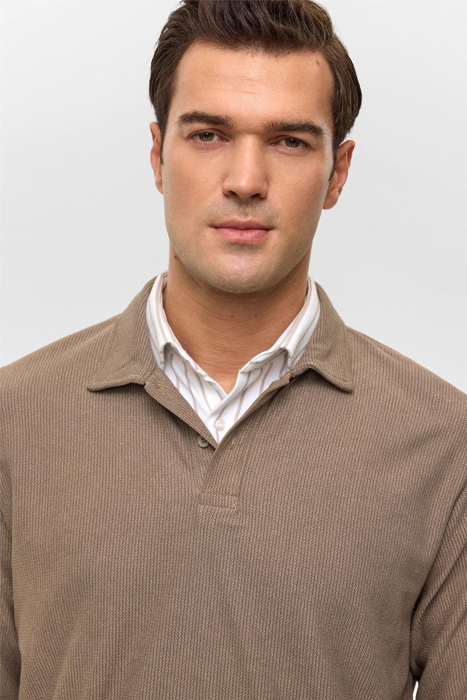 Açık Kahve Regular Düz Polo Yaka Sweatshirt