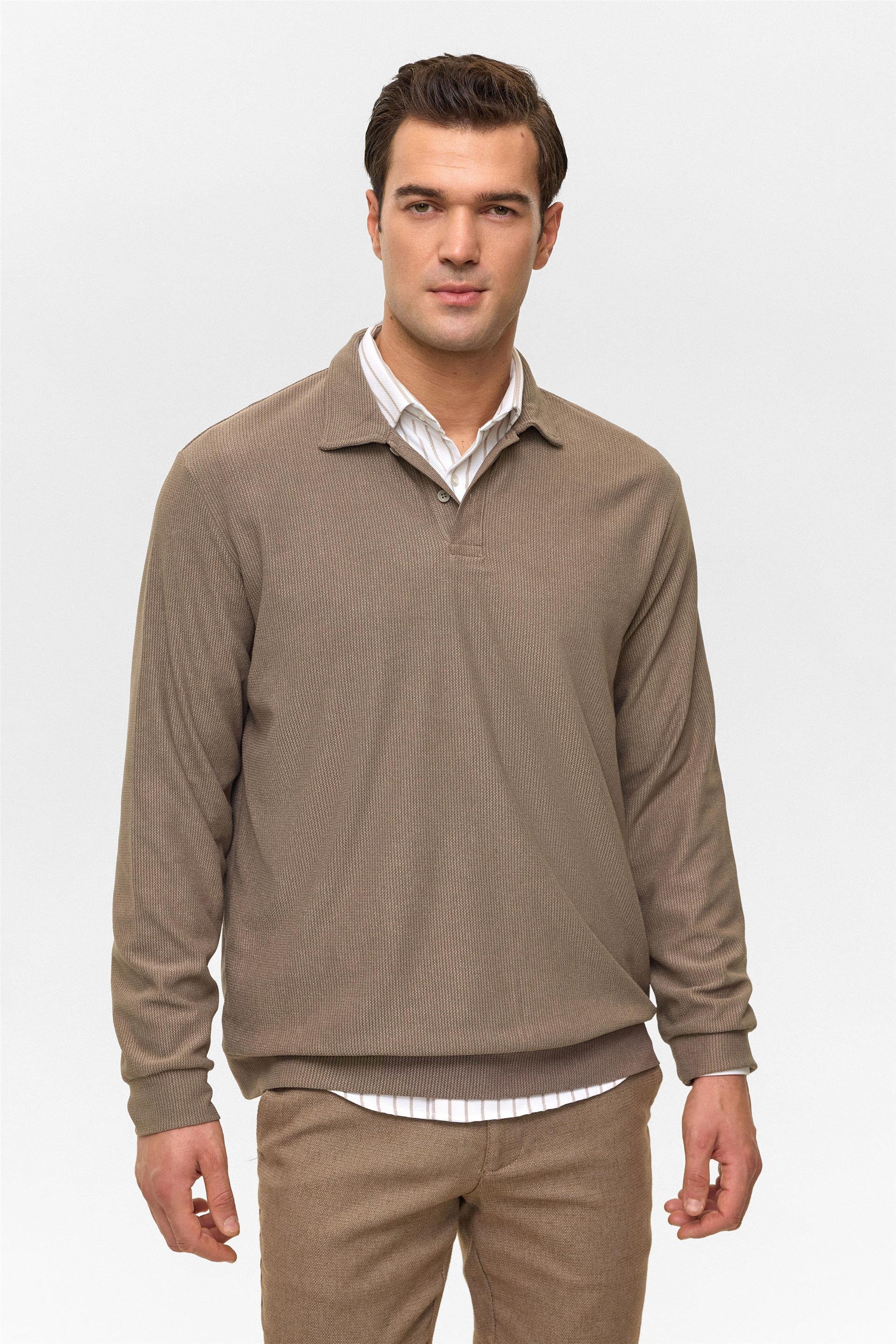 Açık Kahve Regular Düz Polo Yaka Sweatshirt