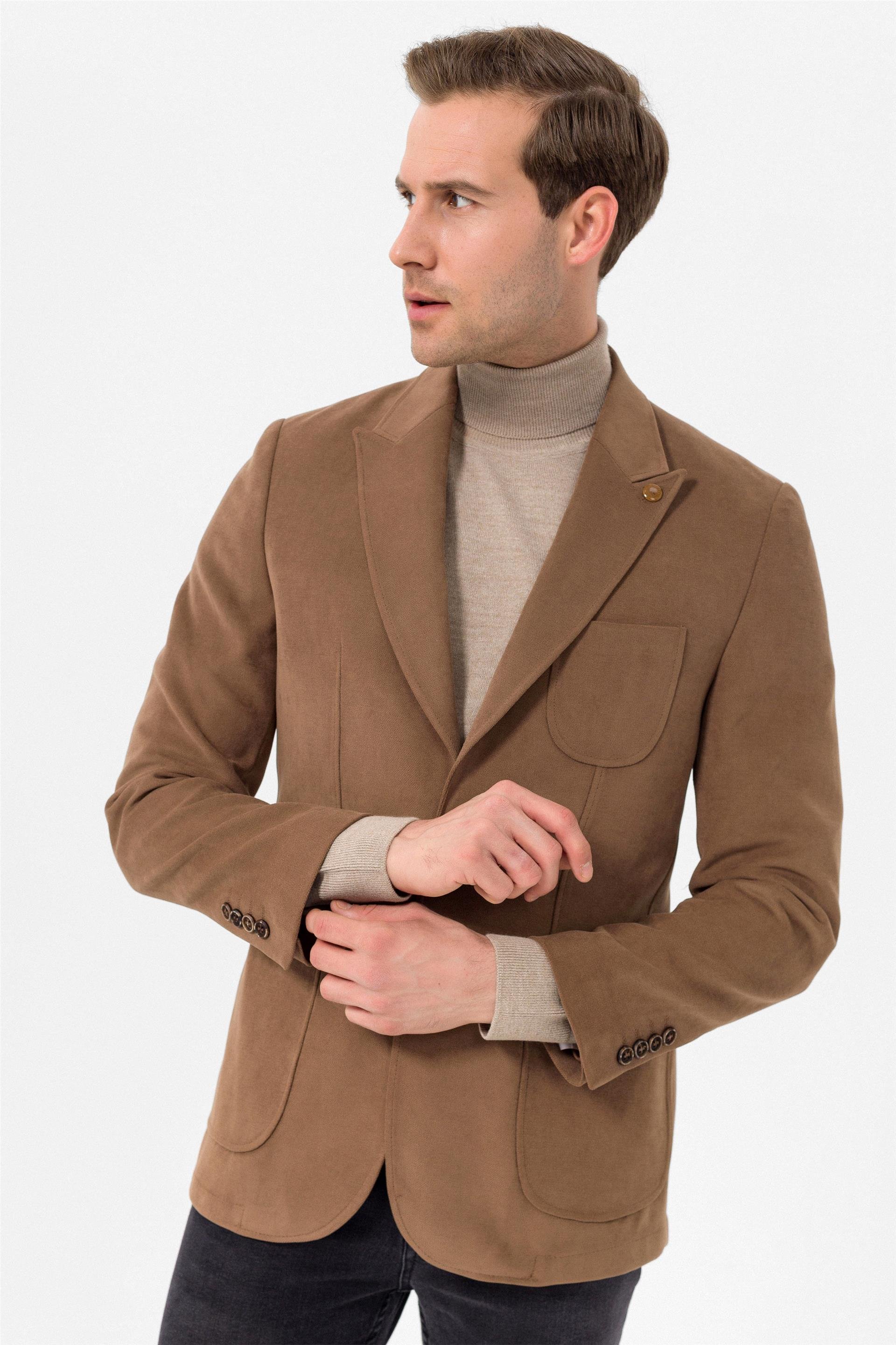 Açık Kahve Slim Armürlü Sivri Yaka 6 Drop                                                       Ceket