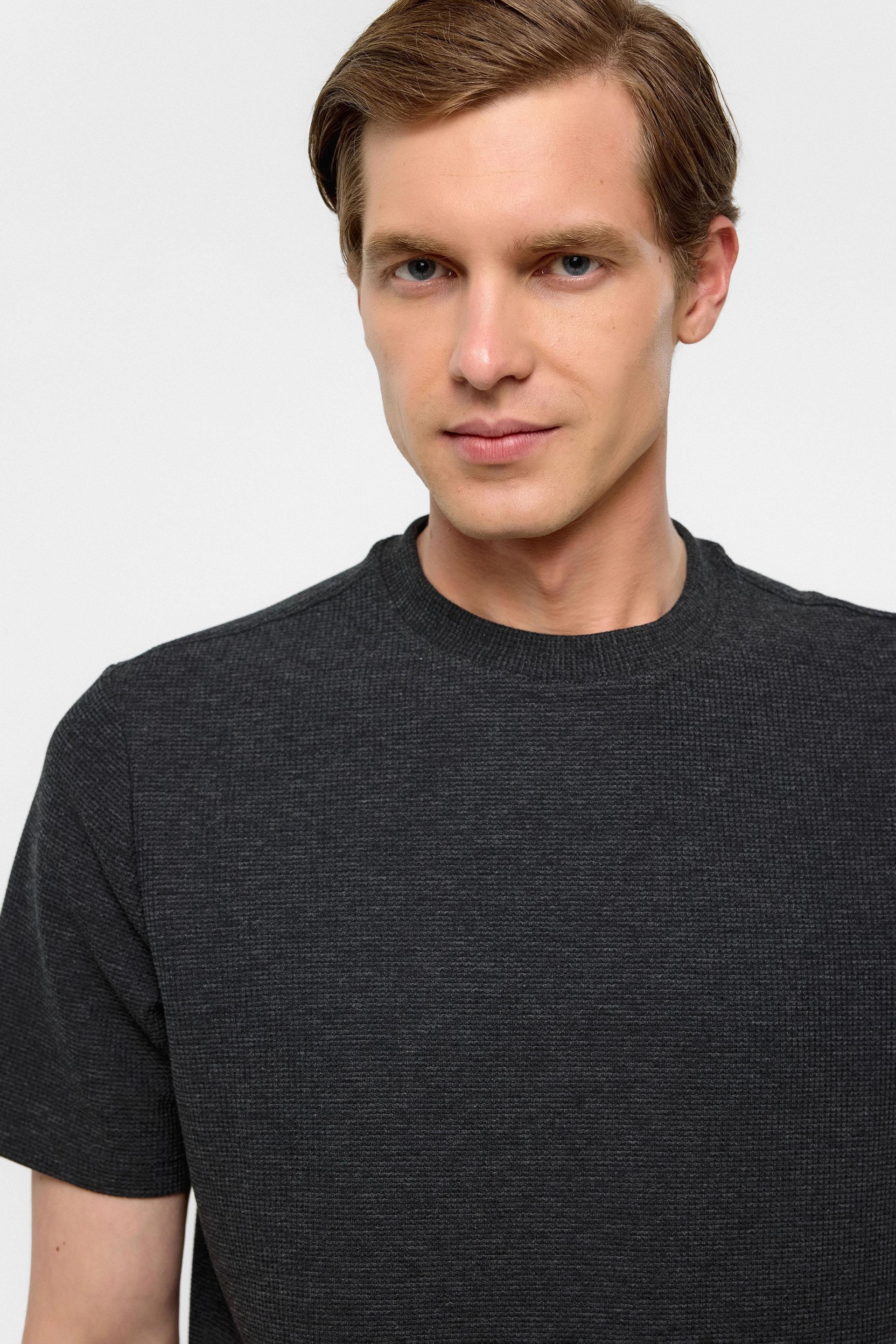 Antrasit Regular Armürlü Bisiklet Yaka Tişört