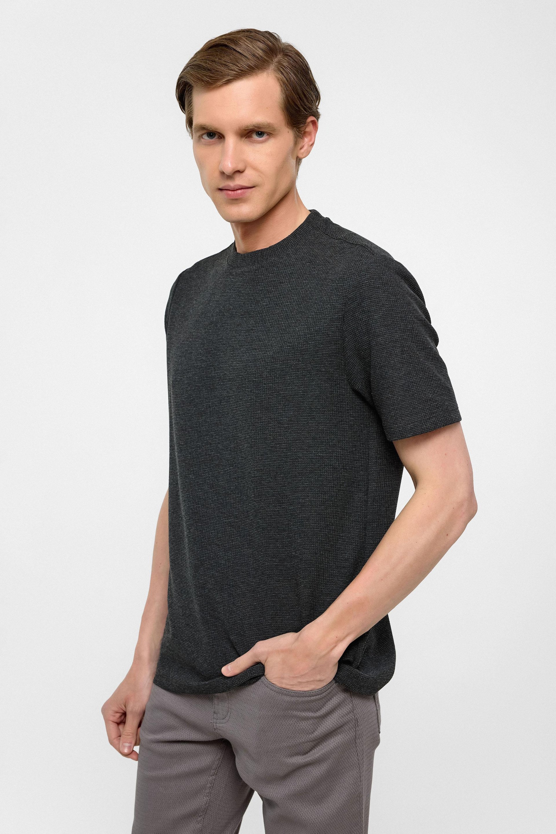 Antrasit Regular Armürlü Bisiklet Yaka Tişört