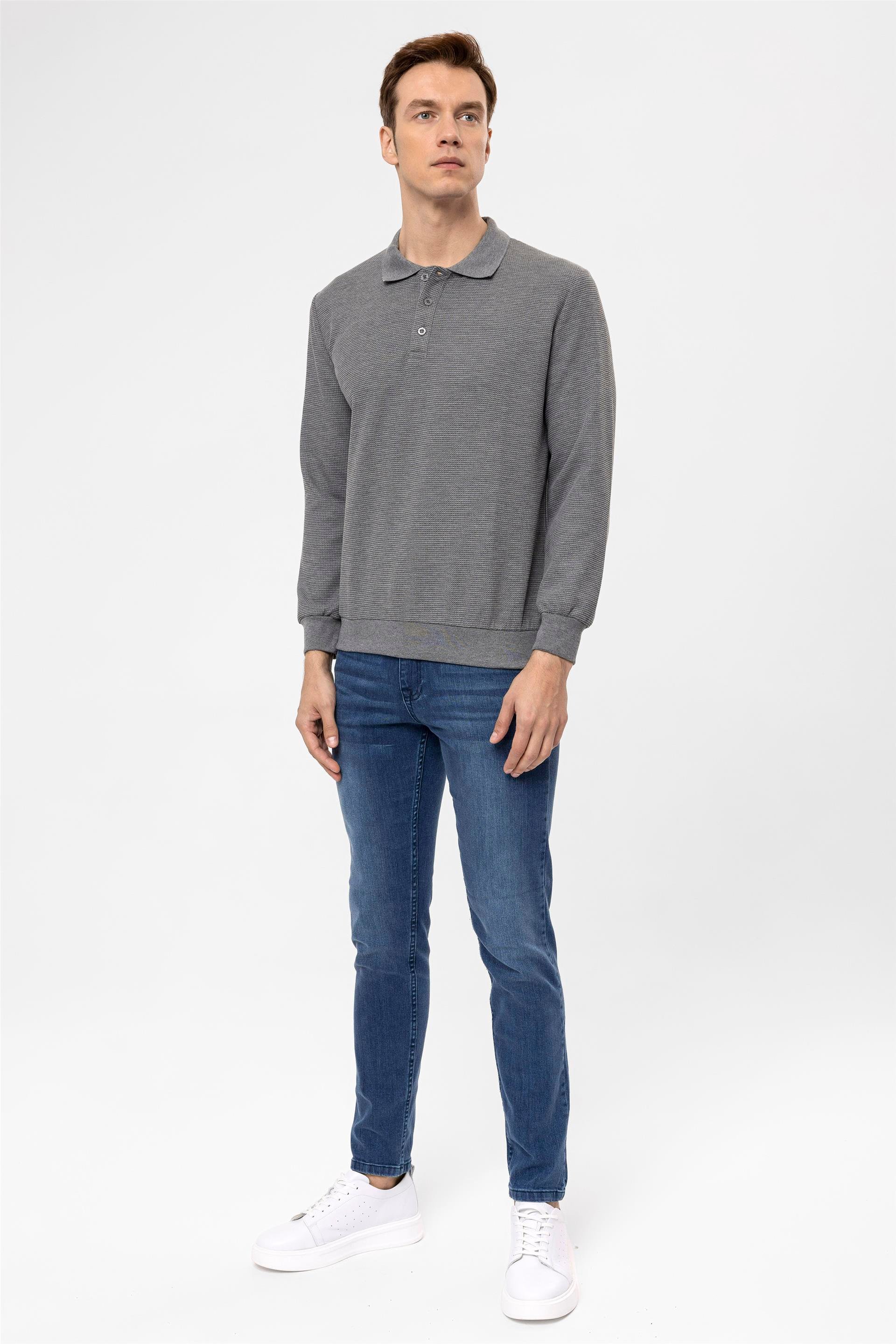 Antrasit Regular Armürlü Polo Yaka  Sweatshirt