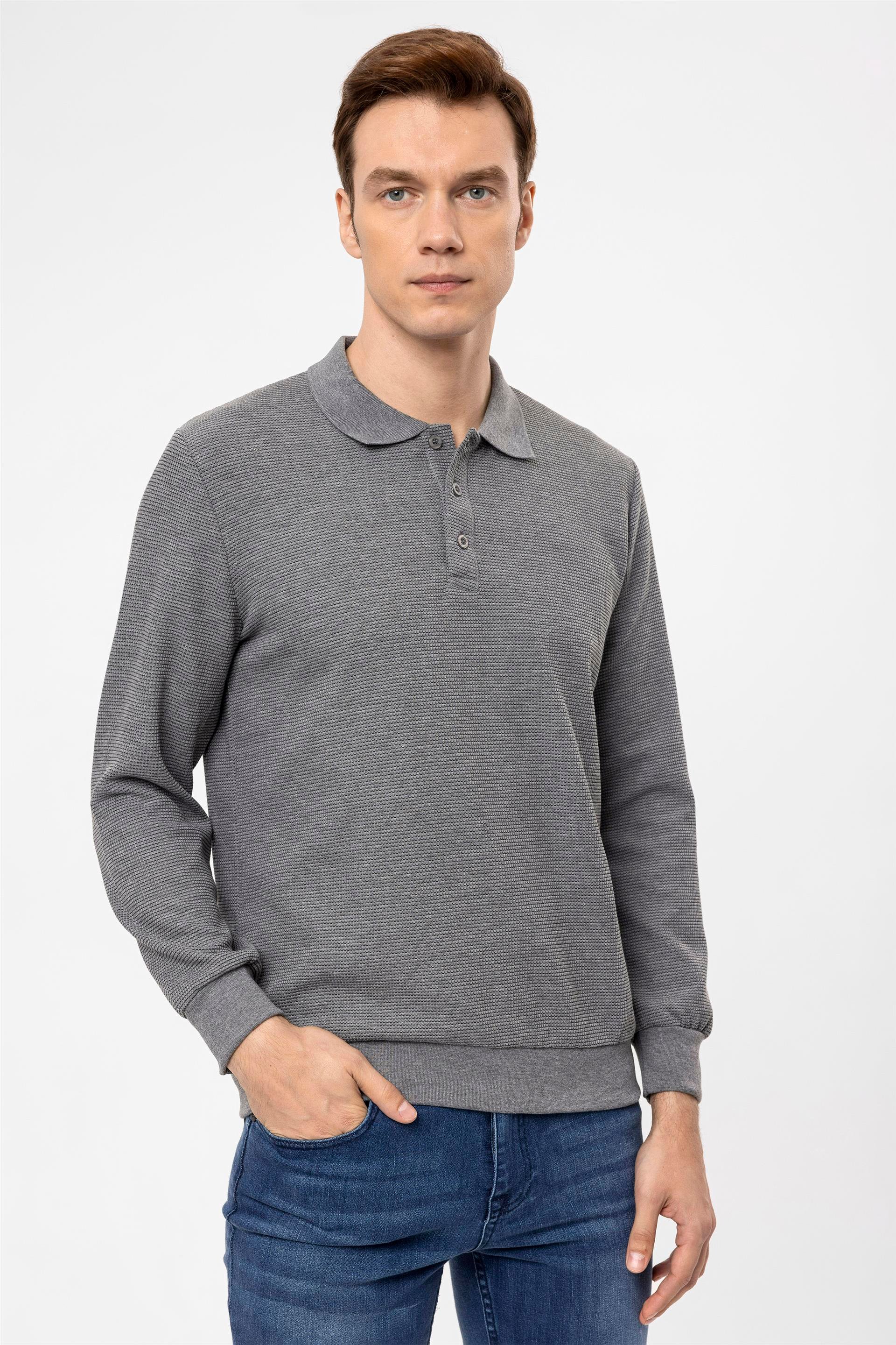 Antrasit Regular Armürlü Polo Yaka  Sweatshirt