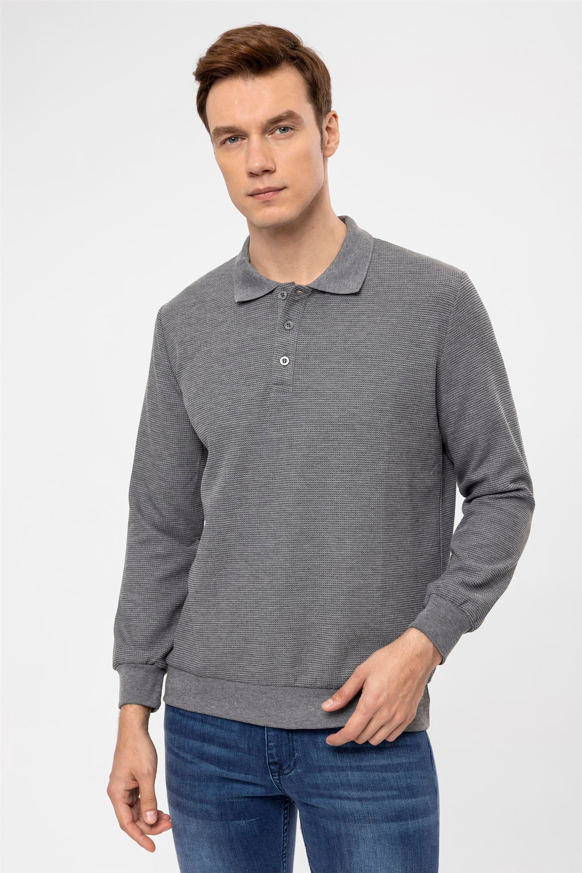 Antrasit Regular Armürlü Polo Yaka  Sweatshirt