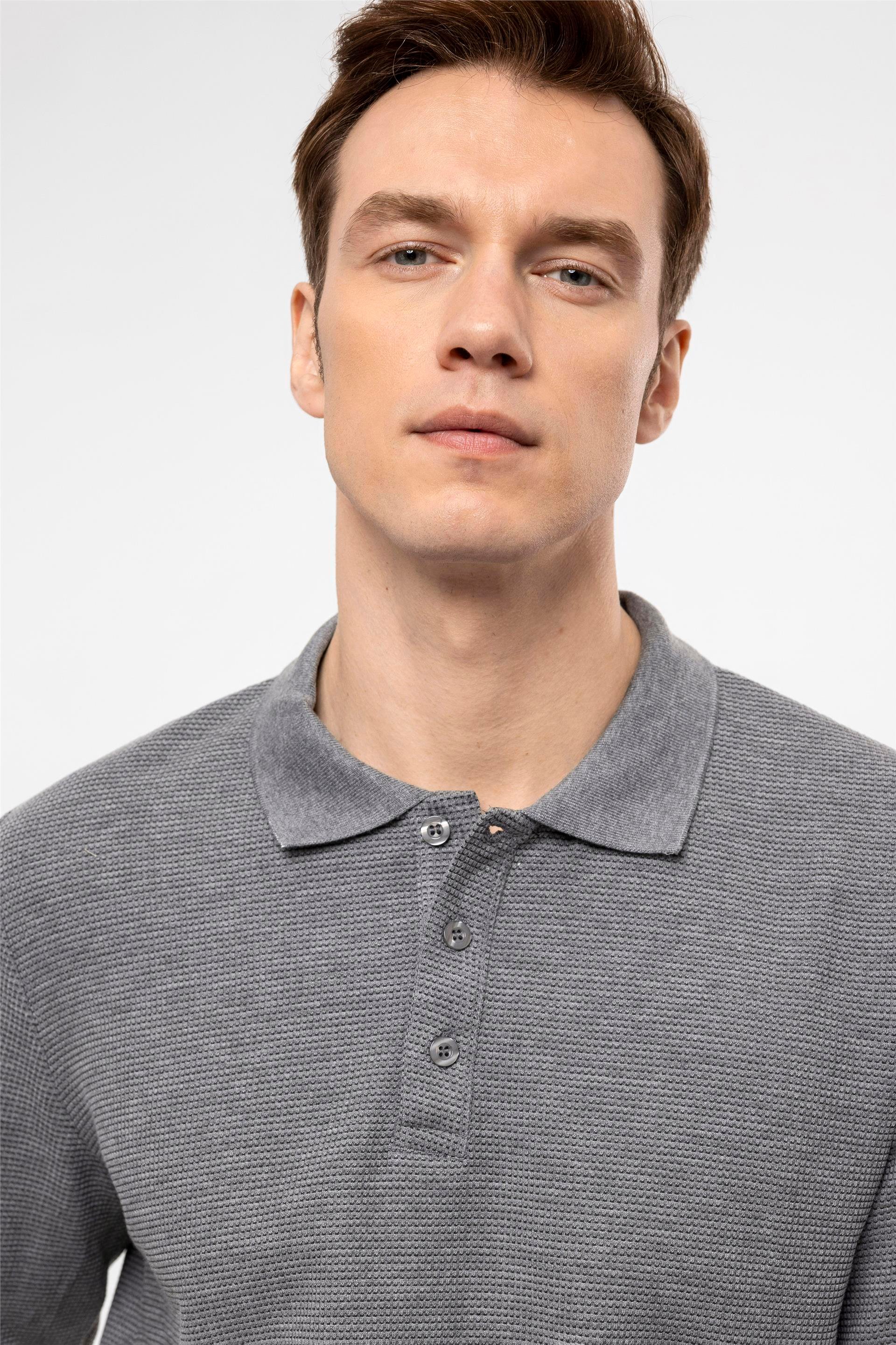 Antrasit Regular Armürlü Polo Yaka  Sweatshirt