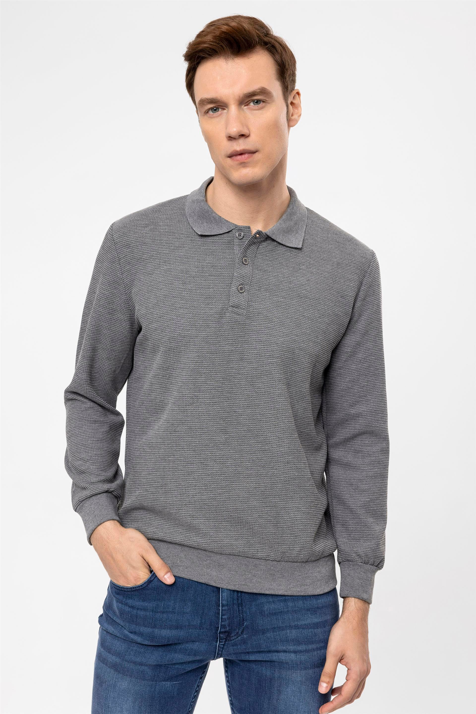 Antrasit Regular Armürlü Polo Yaka  Sweatshirt