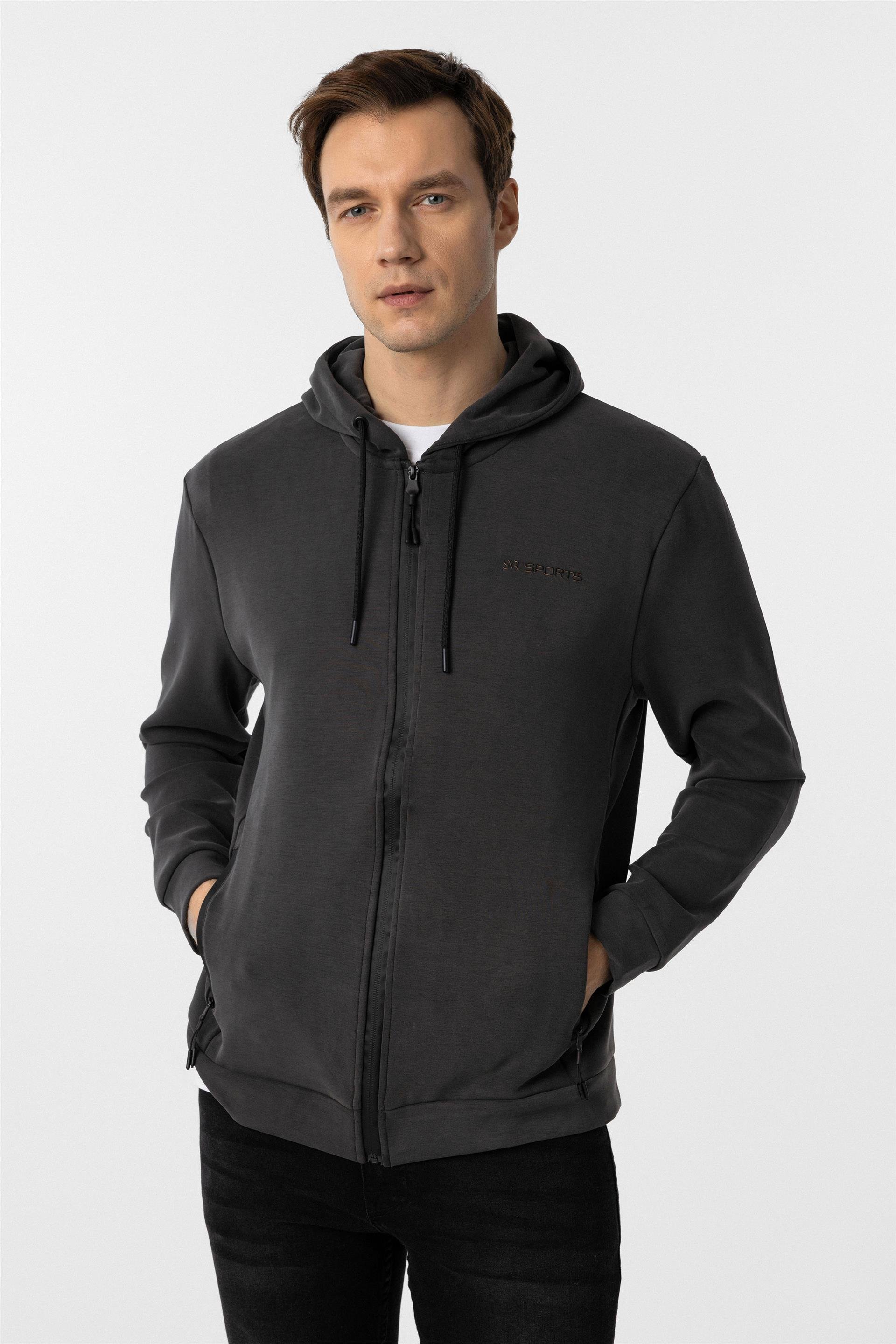 Antrasit Slim Düz Kapişonlu Yaka Sweatshirt